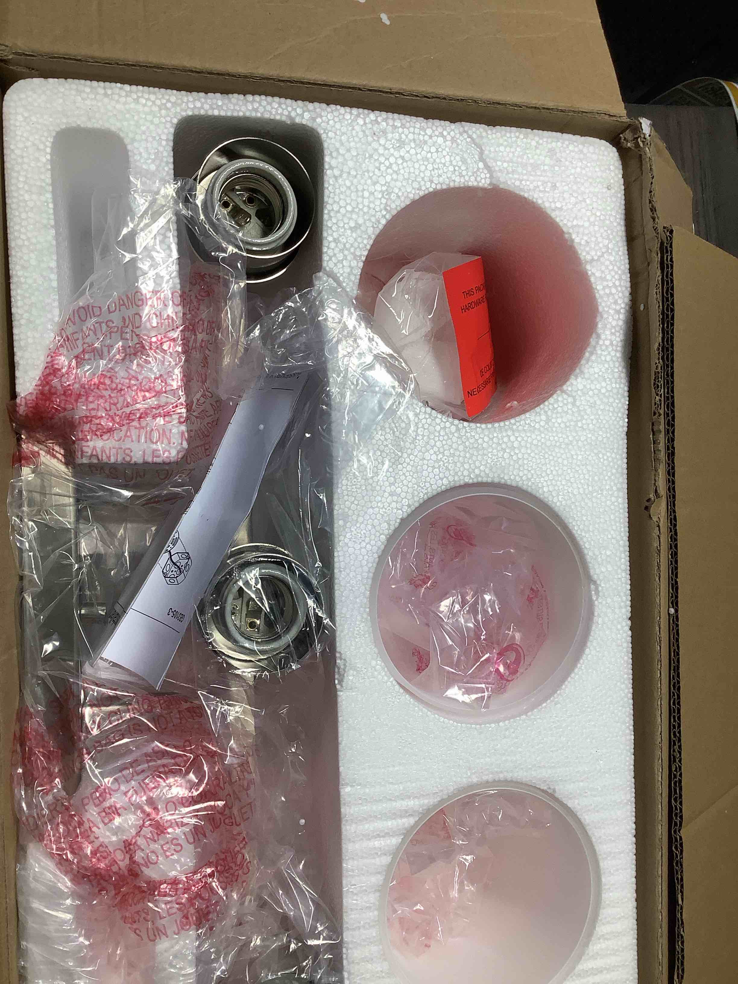 Condition photo showing Good Condition for Brushed Nickel Bathroom Light Fixtures, 3-Light Modern Vanity Light Over Mirror, Wall Sconces with Milky White Frosted Glass Shades, E26 Socket (Bulbs Not Included) Brushed Nickel 3-Light