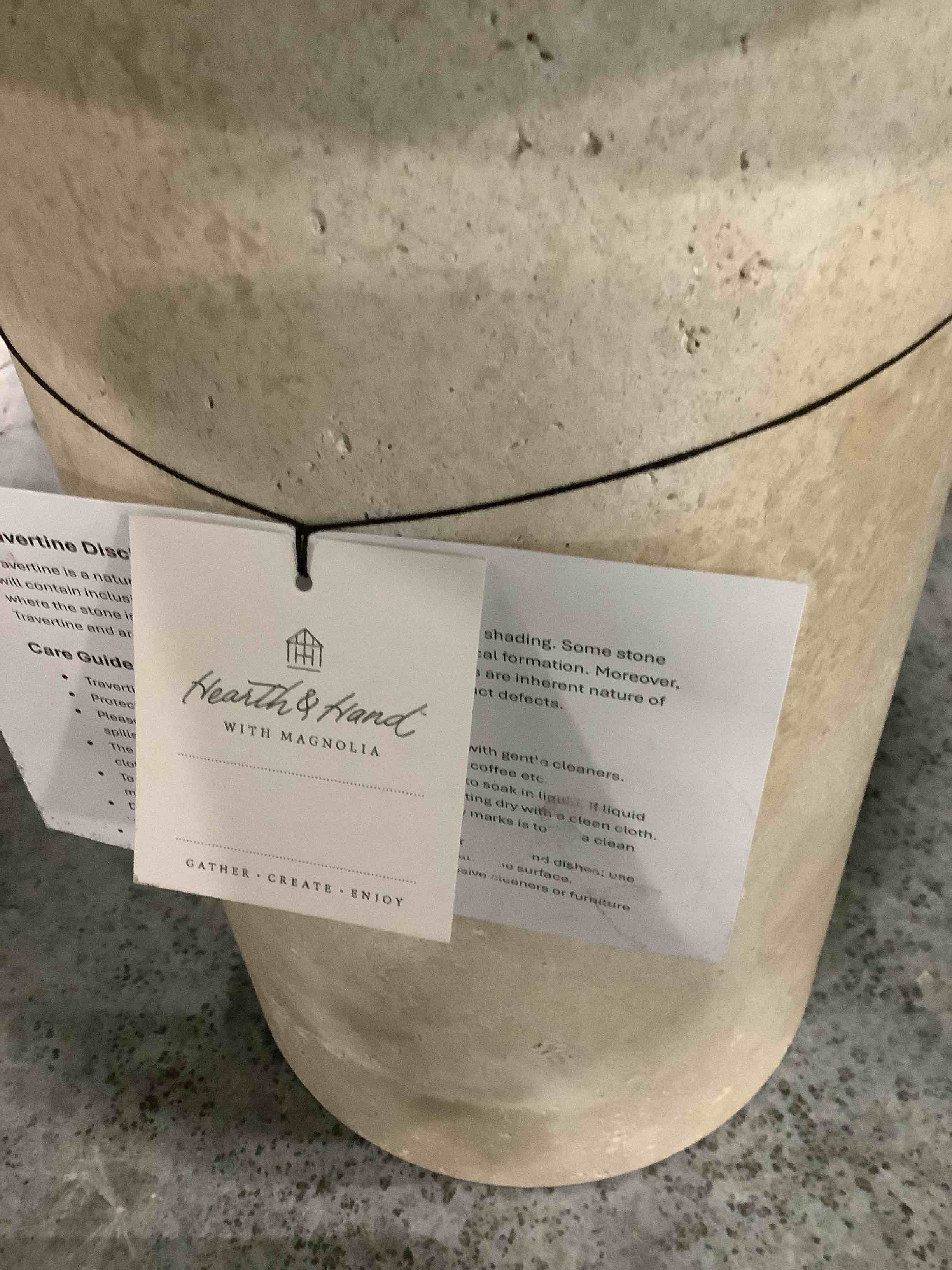 Condition photo showing New/Like New for hearth and hand travertine table - new. may differ from picture since these are natural stone. approximately 16” tall. 16” across