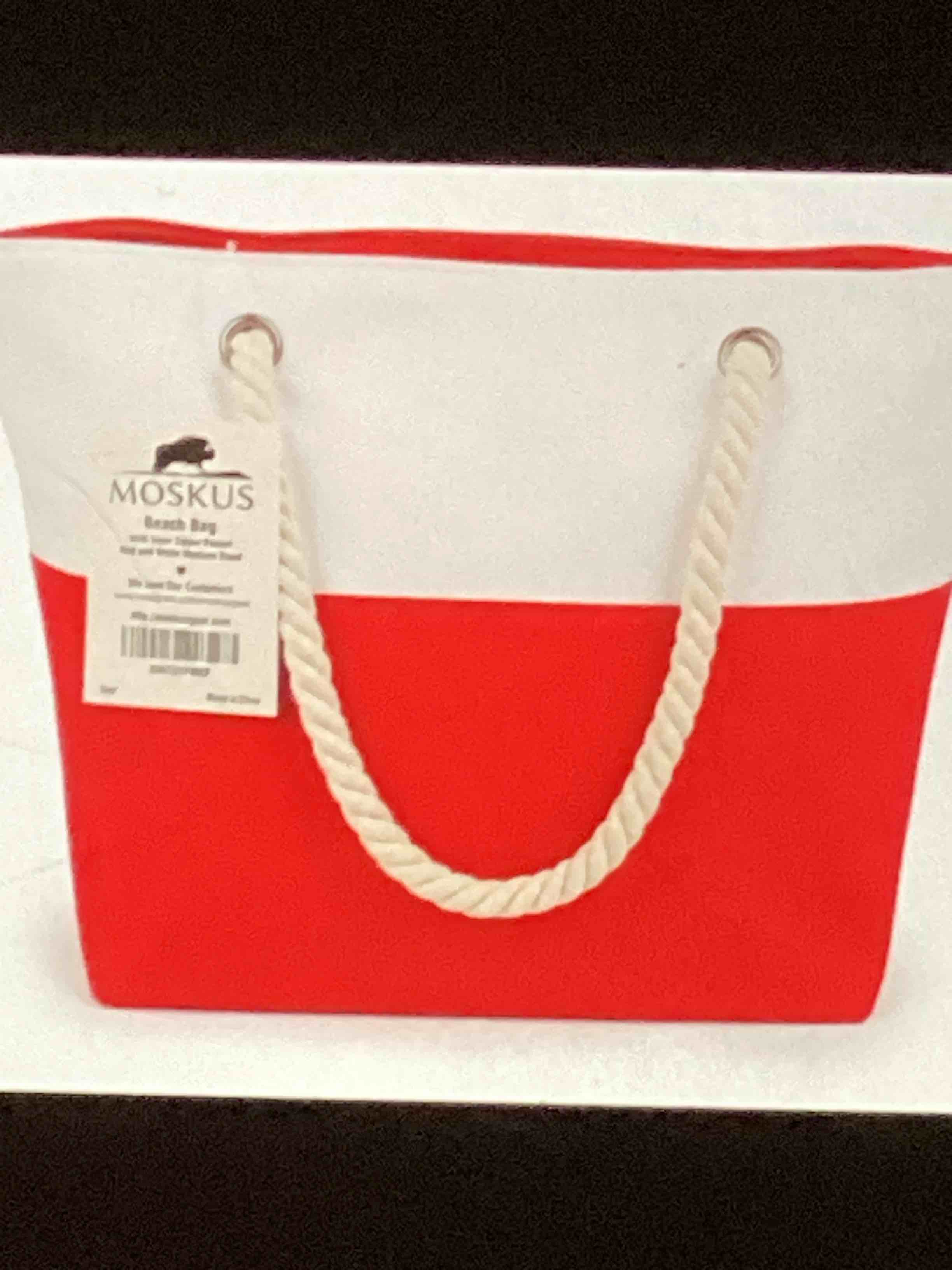 MOSKUS Red White Medium Beach Bag Tote w/Inner Zipper Pocket Canvas New 