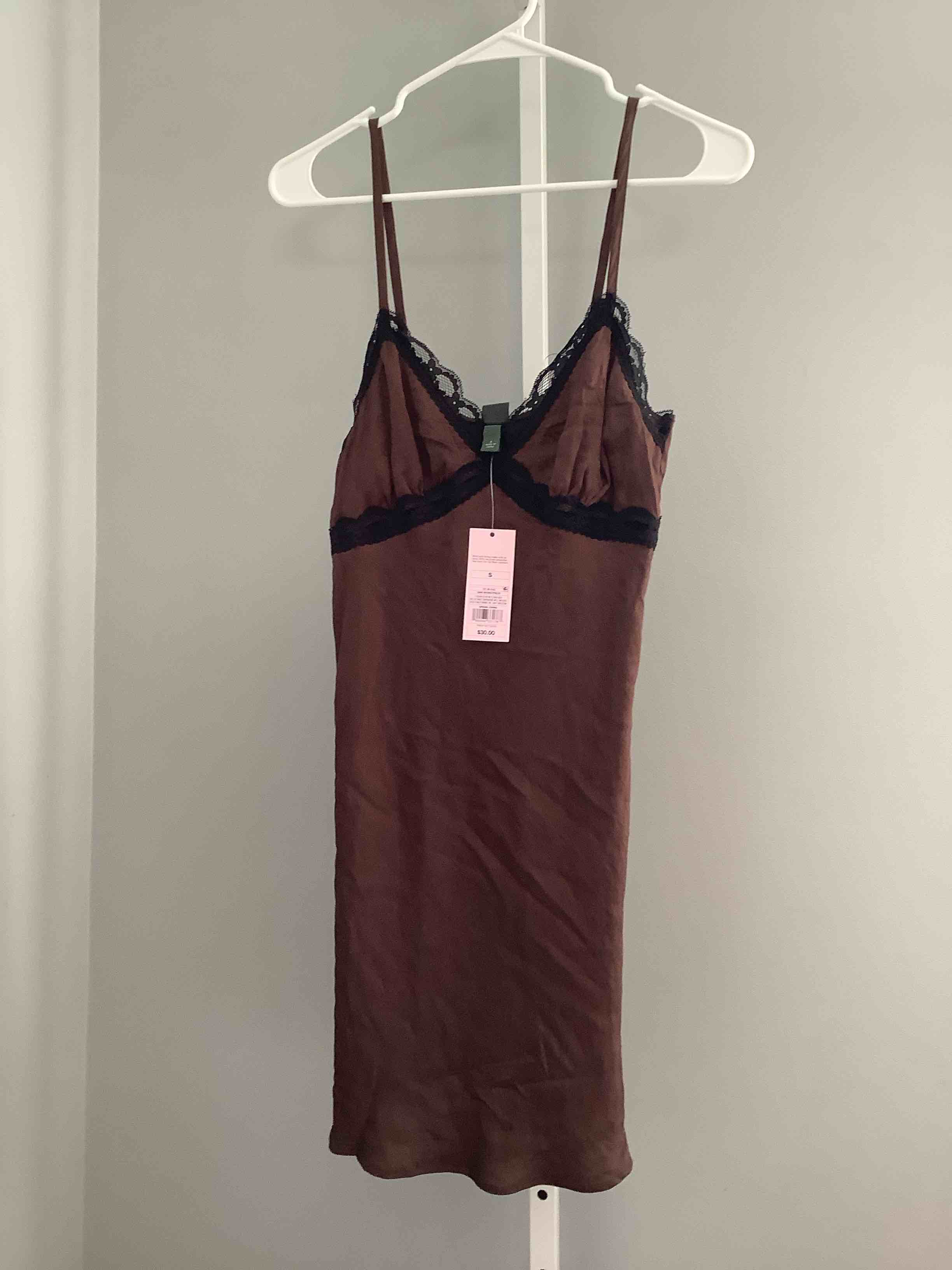 Condition photo showing New/Like New for auden women’s luxury collection lace trim satin chemise size xs color is light blue 