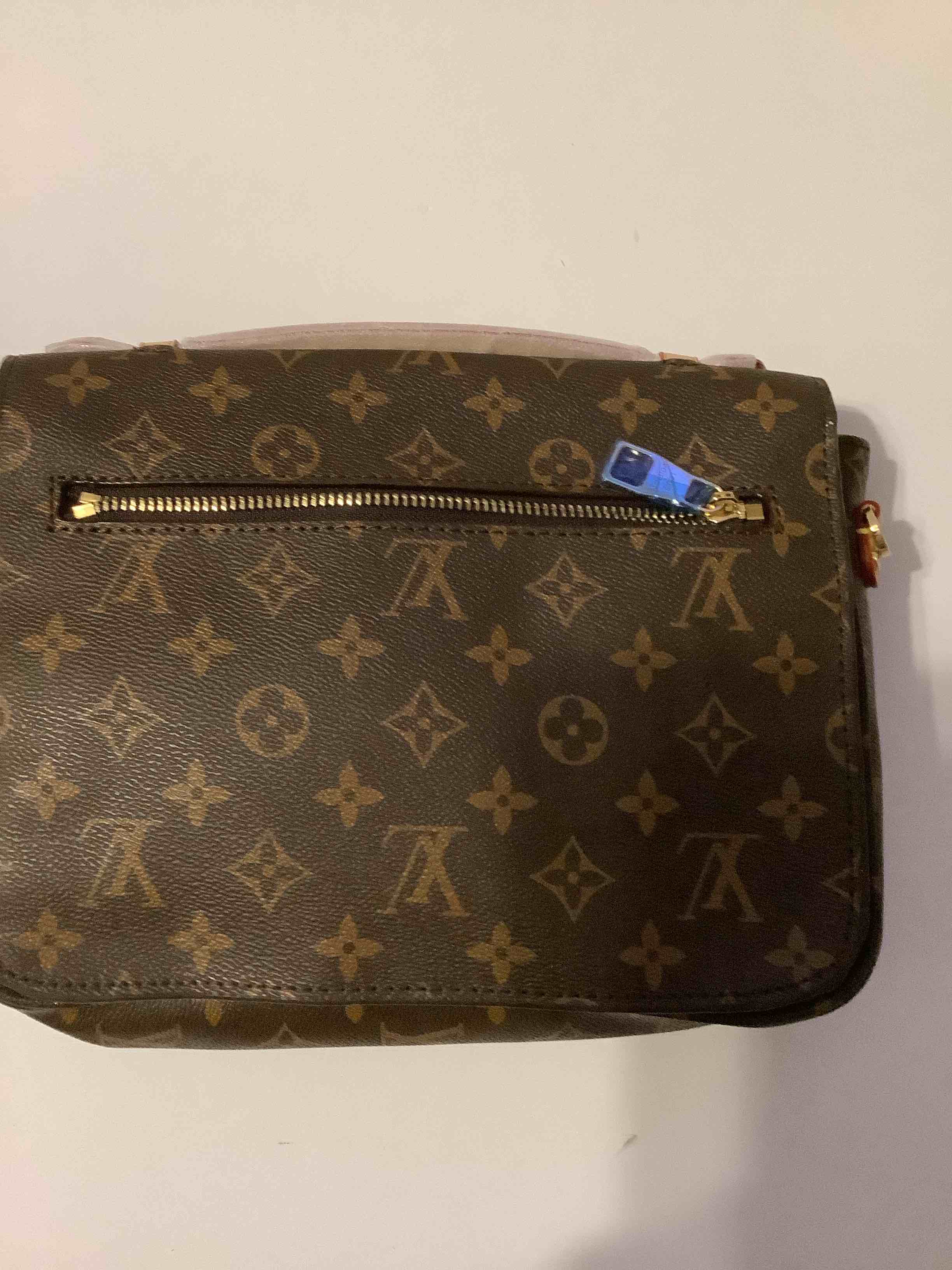 Condition photo showing New/Like New for *** not authentic*** replica purse - new designer style monogram cross body handbag brown with gold tone hardware.