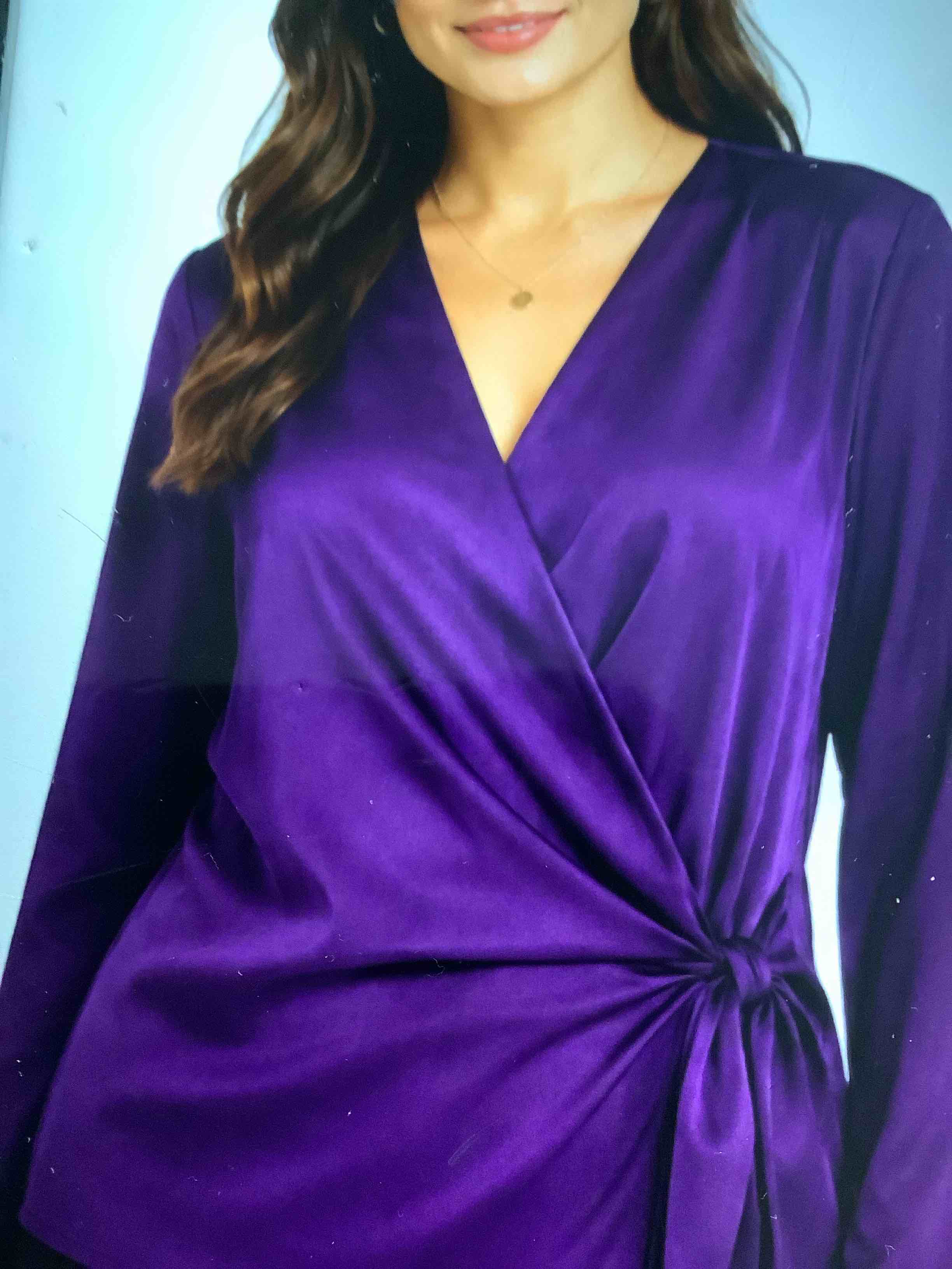 liz claiborne women’s extra large, mysterious purple wrap, blouse, long sleeve tie front