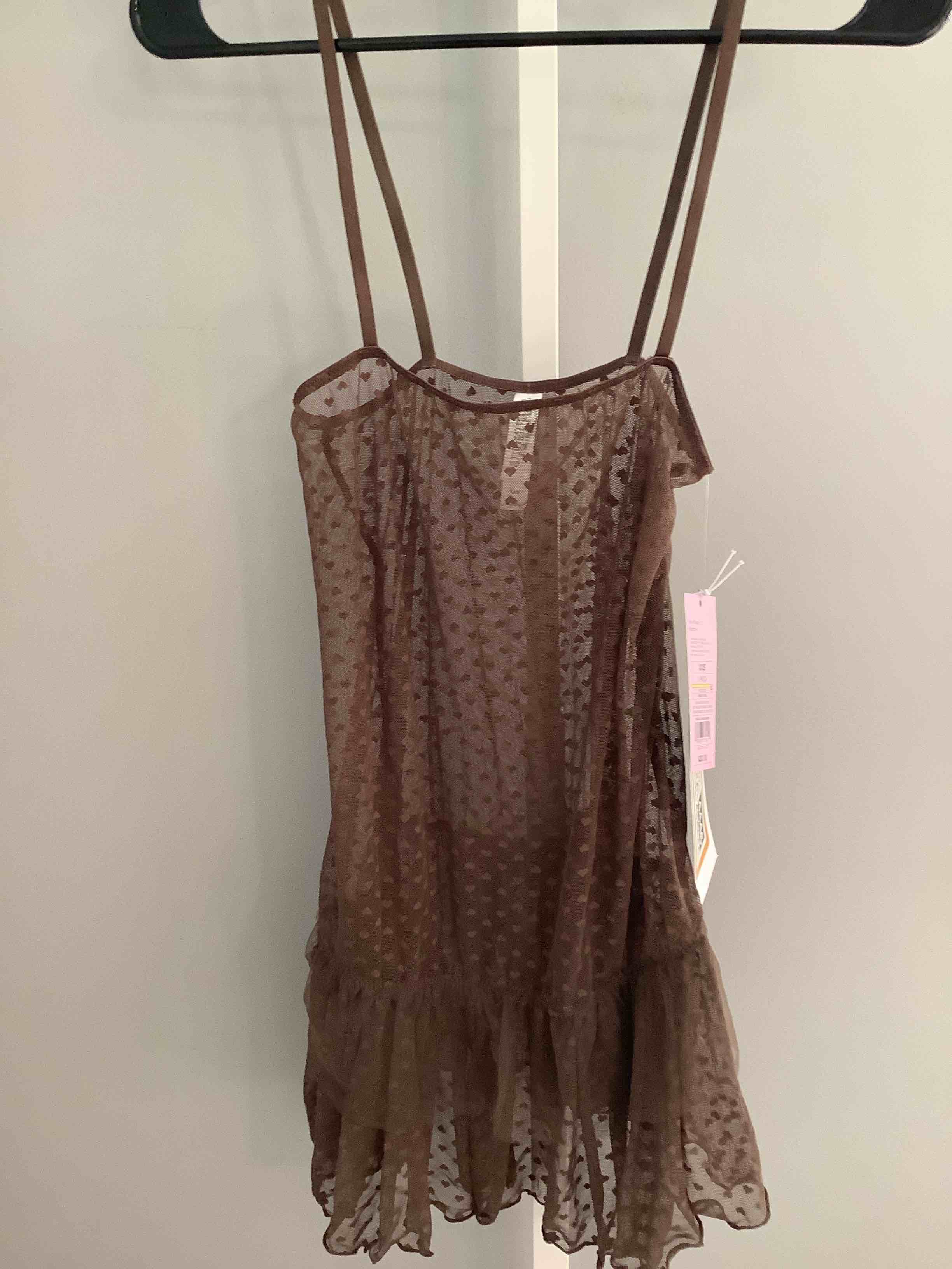 Condition photo showing New/Like New for wild fable, extra extra small brown heart, mesh baby doll, mini dress, sheer ruffle him y2k