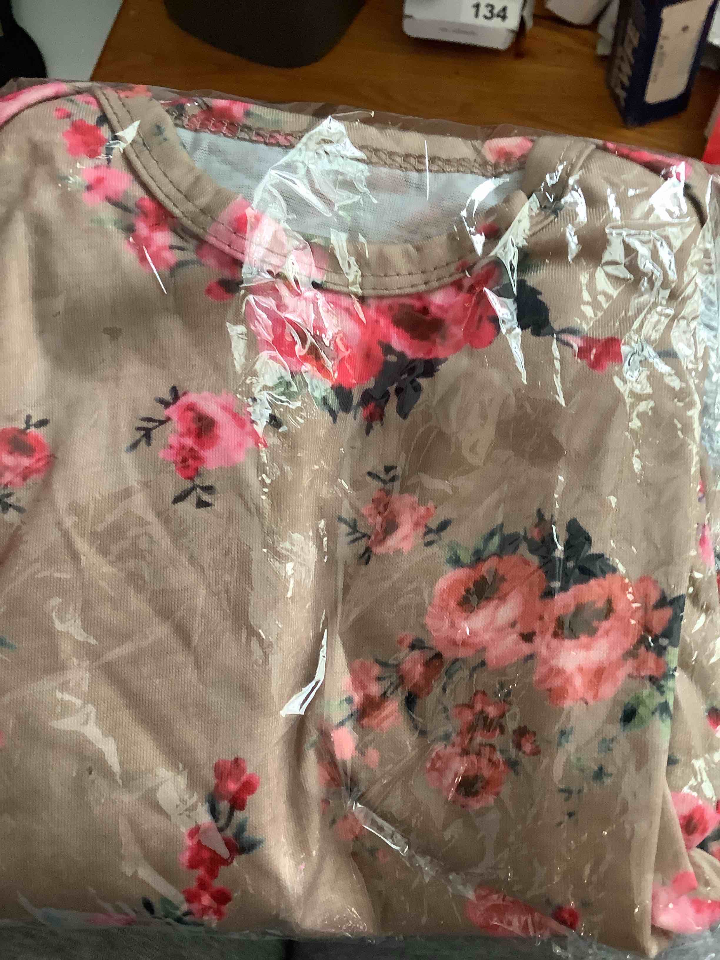 Condition photo showing New/Like New for newborn baby girl, long sleeve floral, infant sleepwear, pajamas, set 0 to 6 months khaki