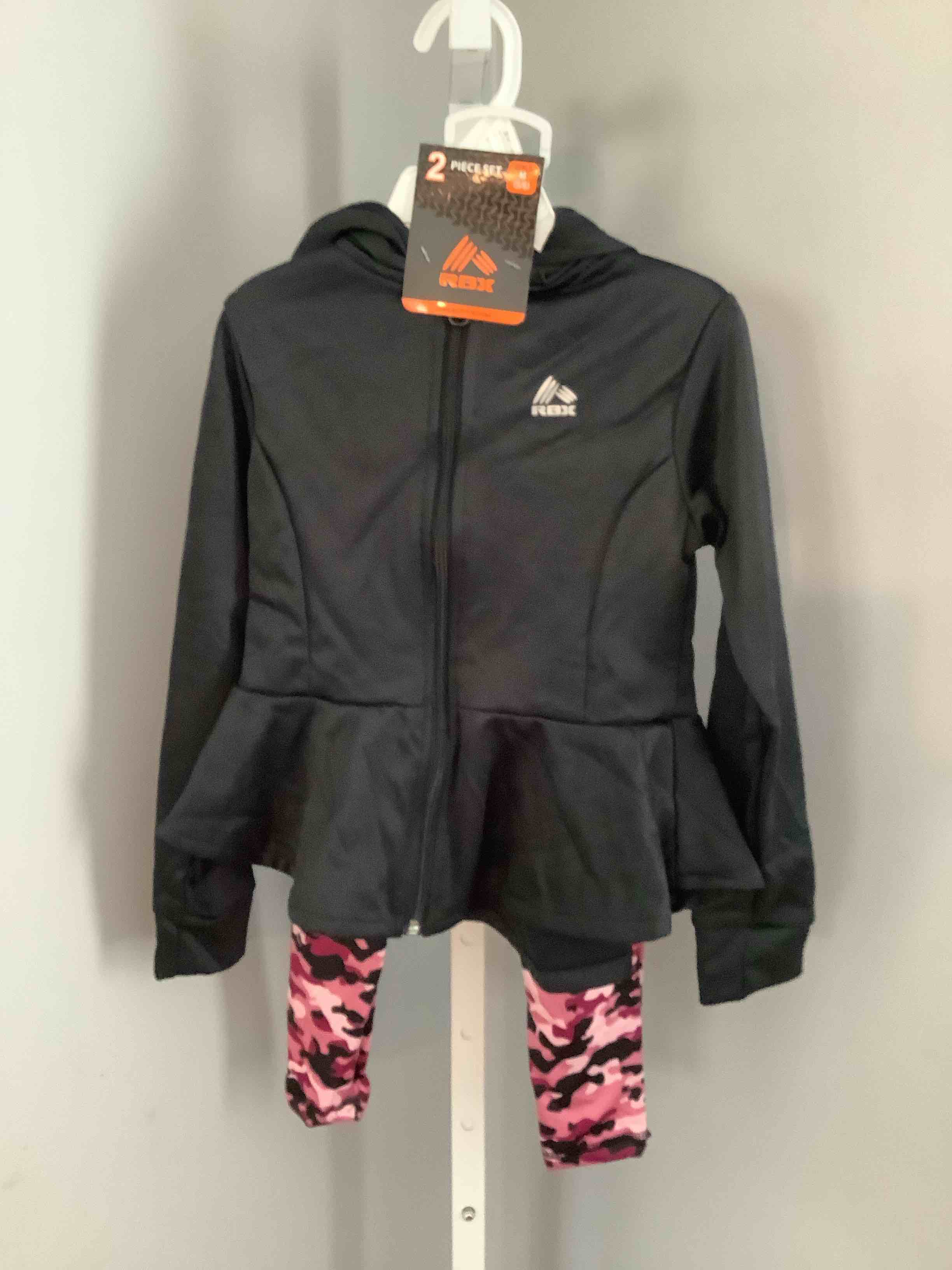 Condition photo showing New/Like New for rbx girls, two-piece activewear, set black, zip hoodie, jacket, and pink camo leggings size medium 5/6