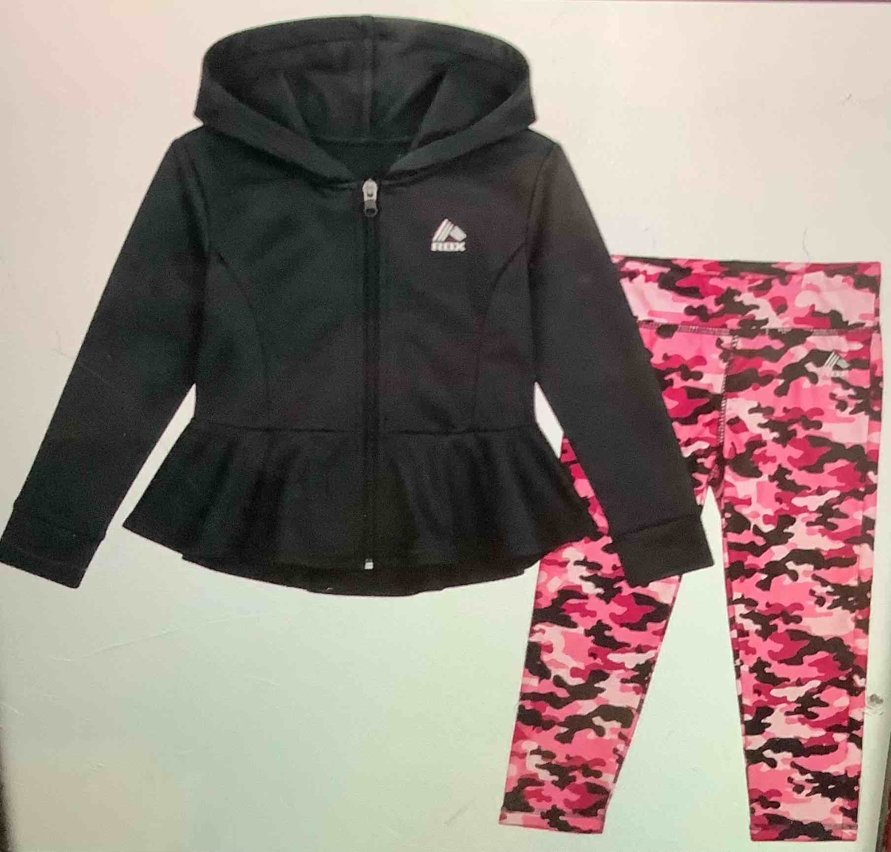 rbx girls, two-piece activewear, set black, zip hoodie, jacket, and pink camo leggings size medium 5/6