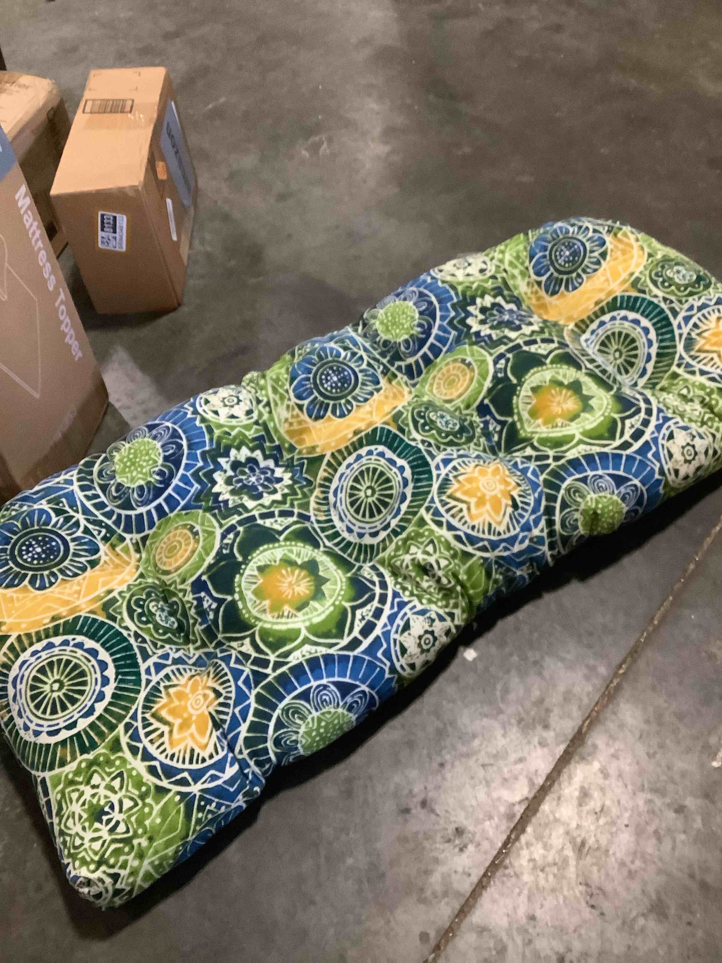 Condition photo showing Good Condition for Blazing Needles Outdoor Rounded Back Loveseat Cushion, 42" x 19", Lesandra Sunblue