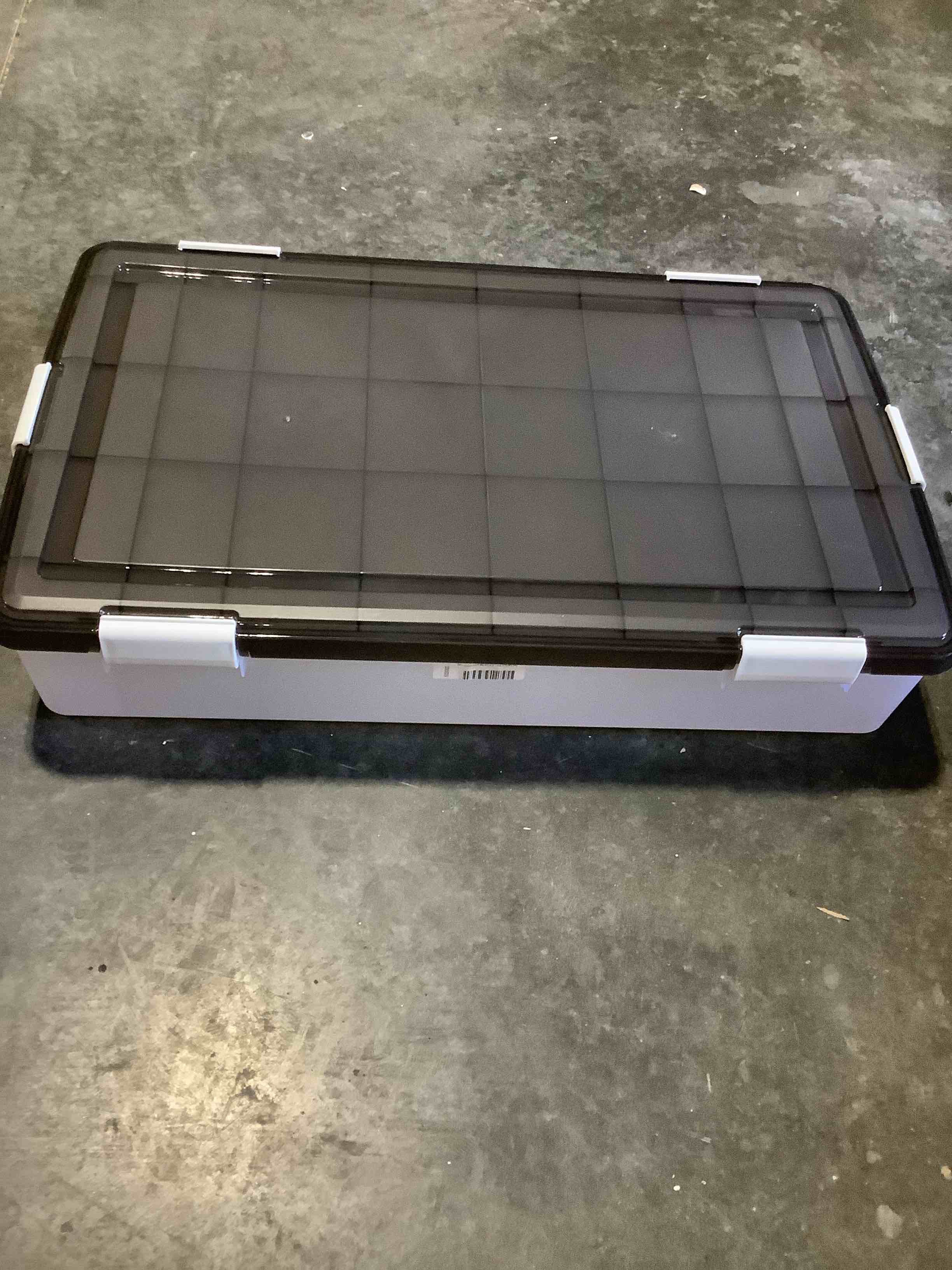 Condition photo showing Good Condition for IRIS USA WeatherPro Underbed 47 Qt Storage Bins with Lids, 1 Pack, BPA-Free Plastic Gasket Box with Tight Latch and Seal, Stackable Nestable Underbed Tote Tub - Gray/Clear