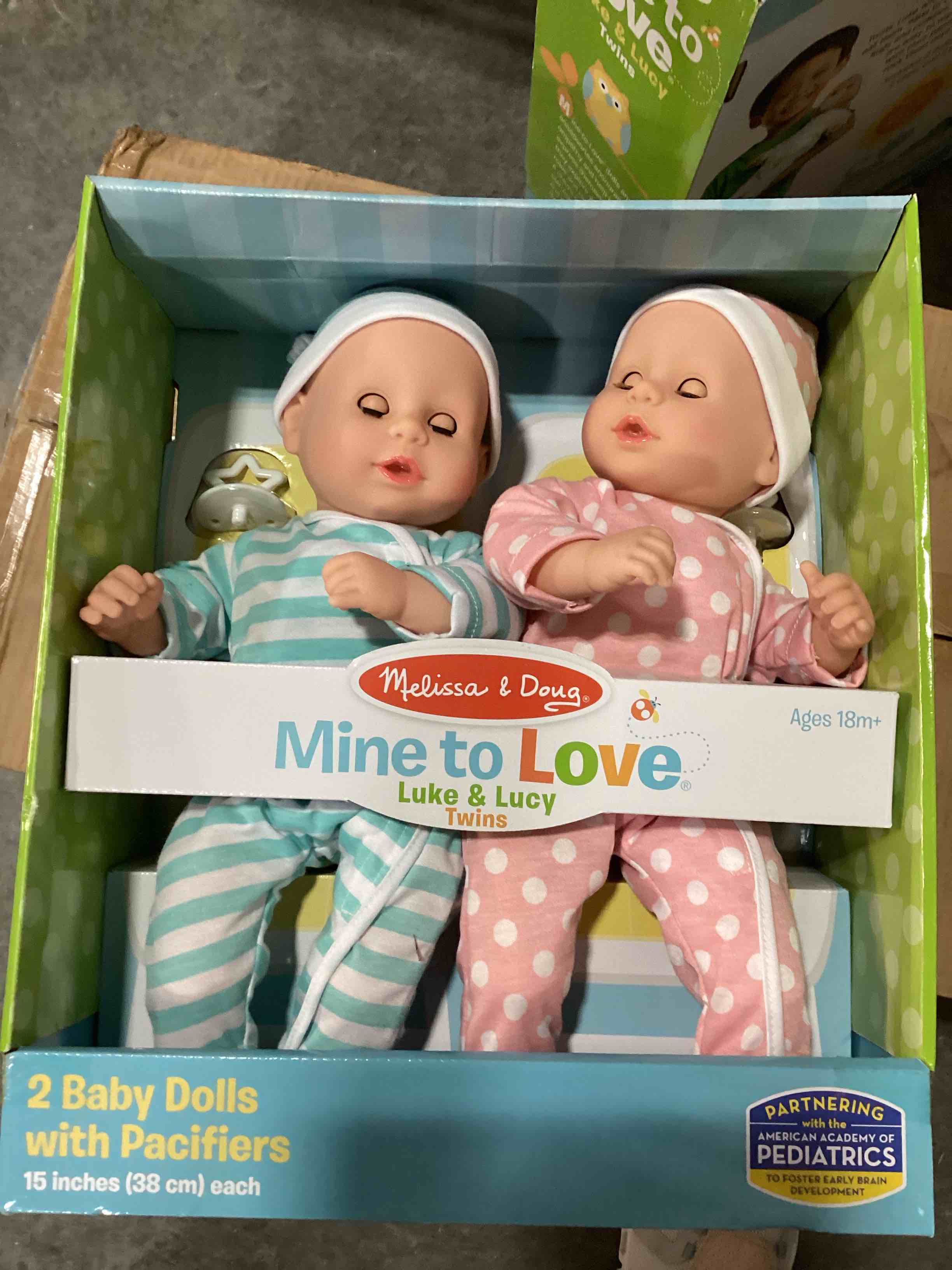 Condition photo showing Good Condition for Melissa & Doug Mine to Love Twins Luke & Lucy 15” Light Skin-Tone Boy and Girl Baby Dolls with Rompers, Caps, Pacifiers - Twin Baby Dolls, First Baby Dolls For Toddlers 18 Months And Up
