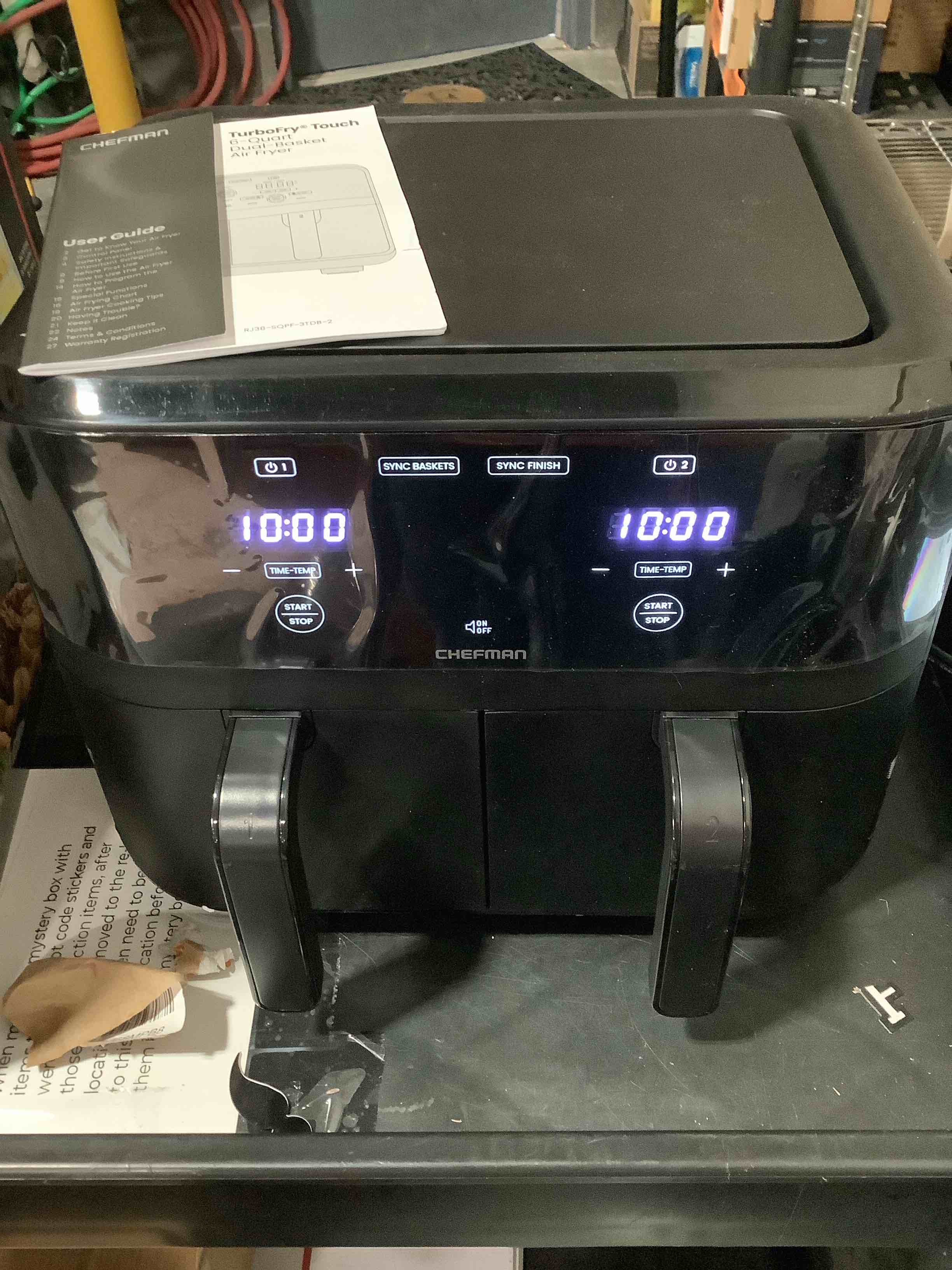 Condition photo showing New/Like New for Chefman 6 Quart Dual Basket Air Fryer - Digital Touchscreen, Smart Sync Finish, Hi-Fry, Auto Shutoff, 2 Independent 3QT Nonstick Dishwasher-Safe Frying Baskets - Digital Double Air Fryer - Black 6 Quart Air Fryer