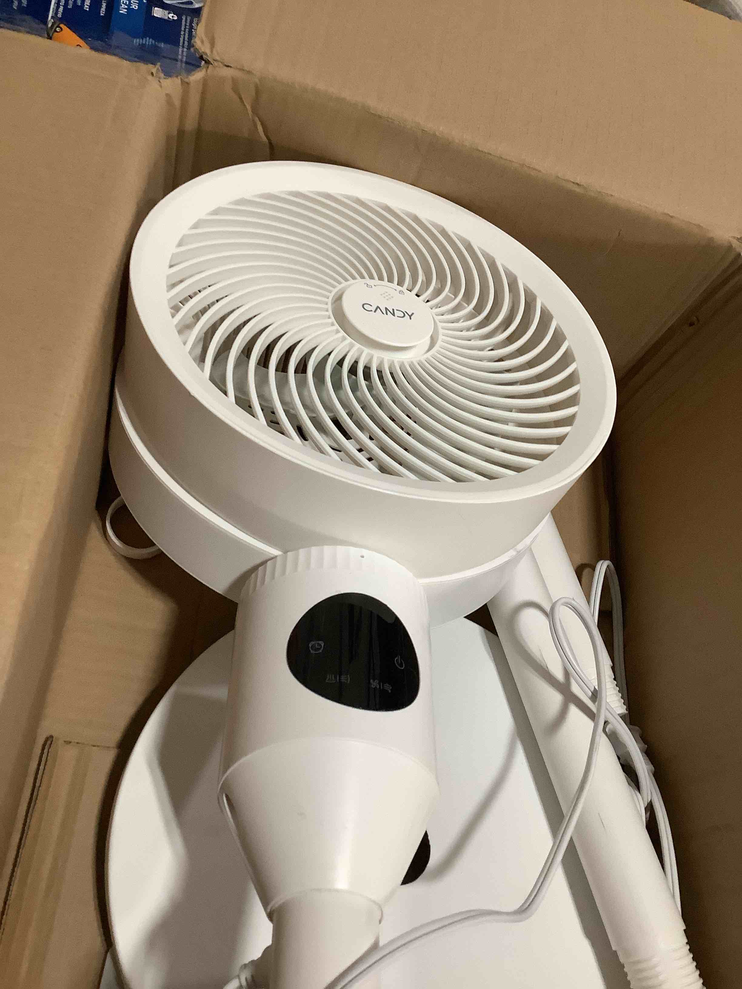 Condition photo showing As Is for Candy Standing Fan for Bedroom, 3 Heights Adjustable Pedestal Fan with Remote, 90° Oscillating Floor Fan, 8 Speeds & 3 Modes, 25dB Quiet Room Fan, 12H Timer, for Dorm, Home, Office Standard