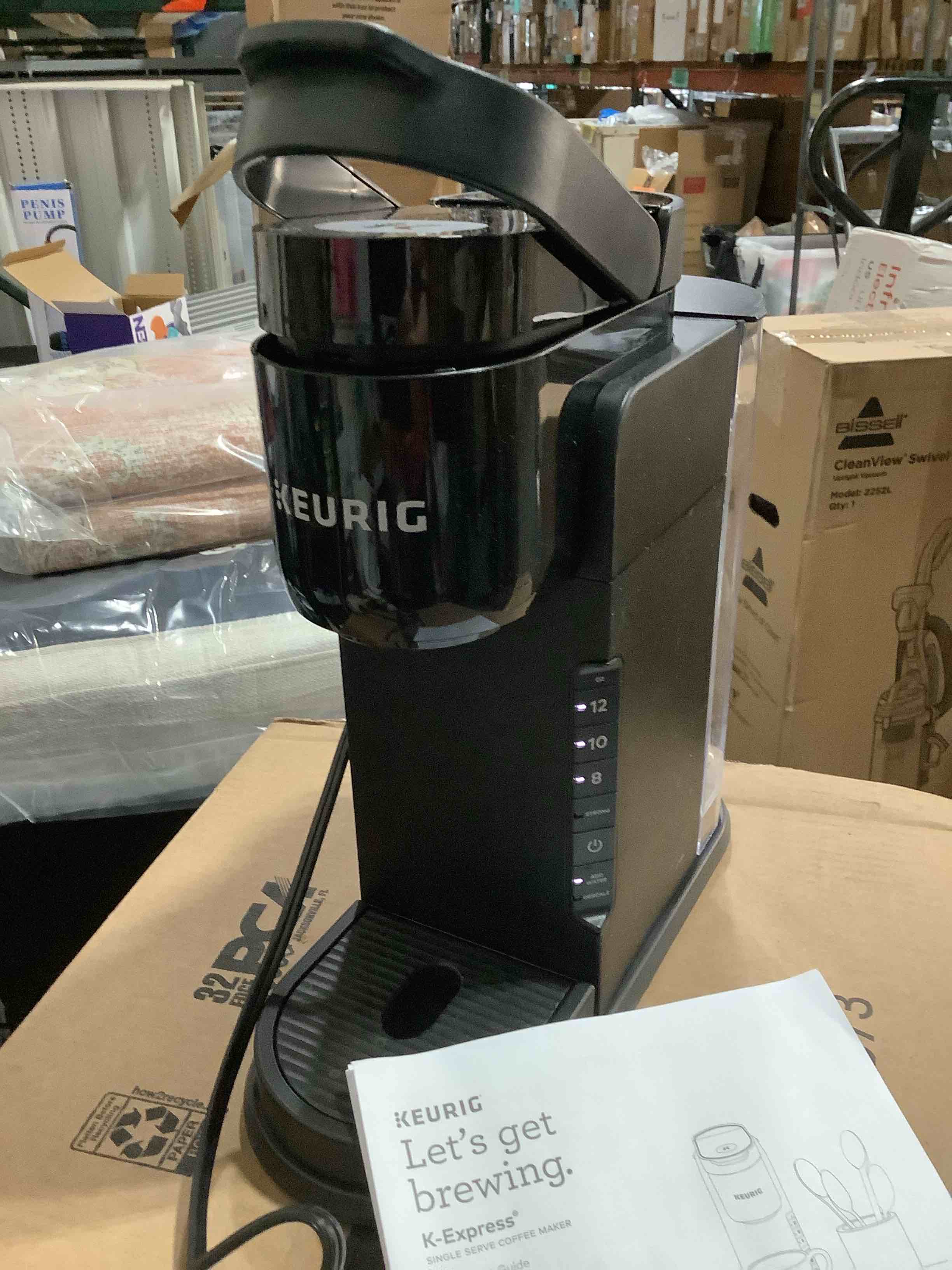 Condition photo showing New/Like New for Keurig K-Express Single Serve K-Cup Pod Coffee Maker, 3 Brew Sizes, Strong Button Feature, 42oz Removable Reservoir, Black