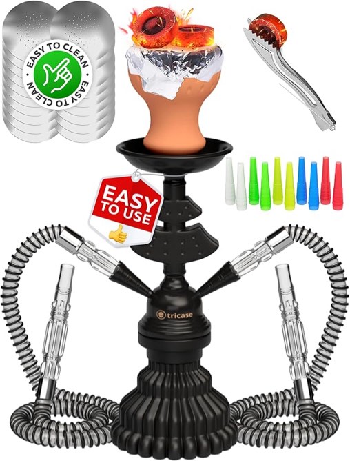 portable hookah set with everything - black hookah set 2 hose hookahs – lilone 12” black mini hookah 2 hose hookah set with 50x foil sheets, clay bowl 10x disposable tips and sisha tongs