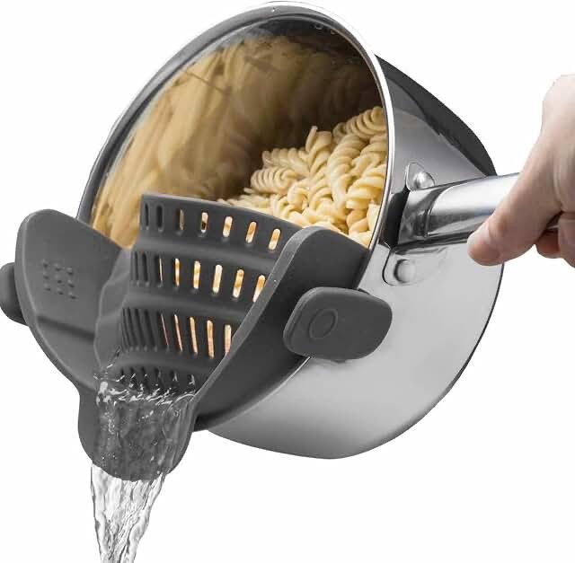 kitchen gizmo snap n' strain - silicone pasta strainer clip-on for pots and pans - heat resistant colander for vegetables and noodles - kitchen gadgets for cooking - space-saving design - gray