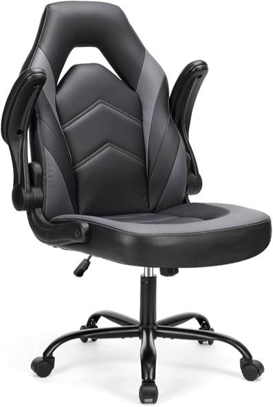 computer gaming desk chair - ergonomic pu leather with comfy lumbar support, height adjustable rolling desk with flip-up armrests, for home and office