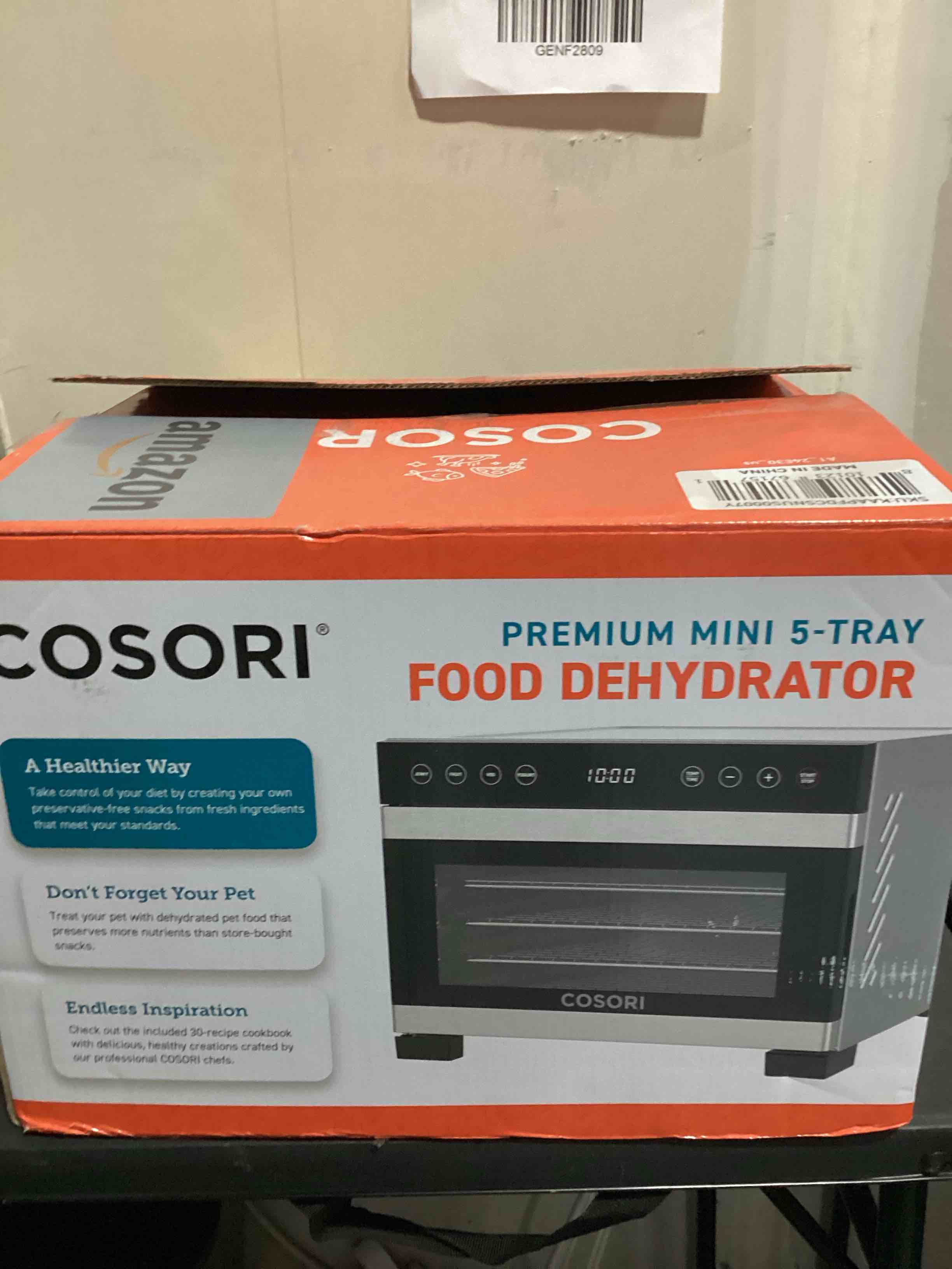 Condition photo showing New/Like New for cosori food dehydrator for jerky, 176°f temperature control, 5 stainless steel trays dryer machine, 4 presets, 48h timer, for dog treats, meat, fruit, veggies, snacks, recipe book included