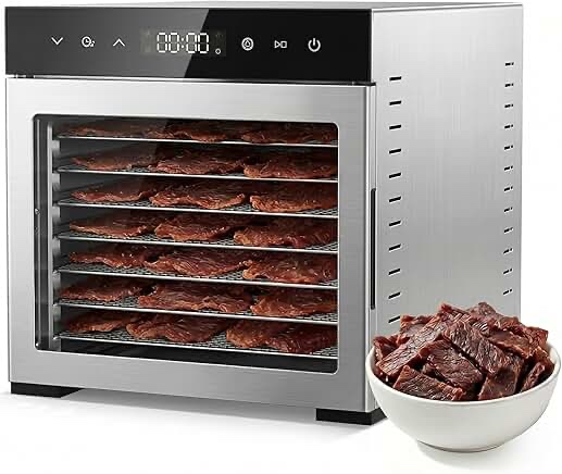 cosori food dehydrator for jerky, 176°f temperature control, 5 stainless steel trays dryer machine, 4 presets, 48h timer, for dog treats, meat, fruit, veggies, snacks, recipe book included
