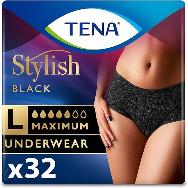 tena stylish black incontinence underwear for women, maximum absorbency, adult diapers, large (waist sizes 37in-50in), 32 count (2 packs of 16)