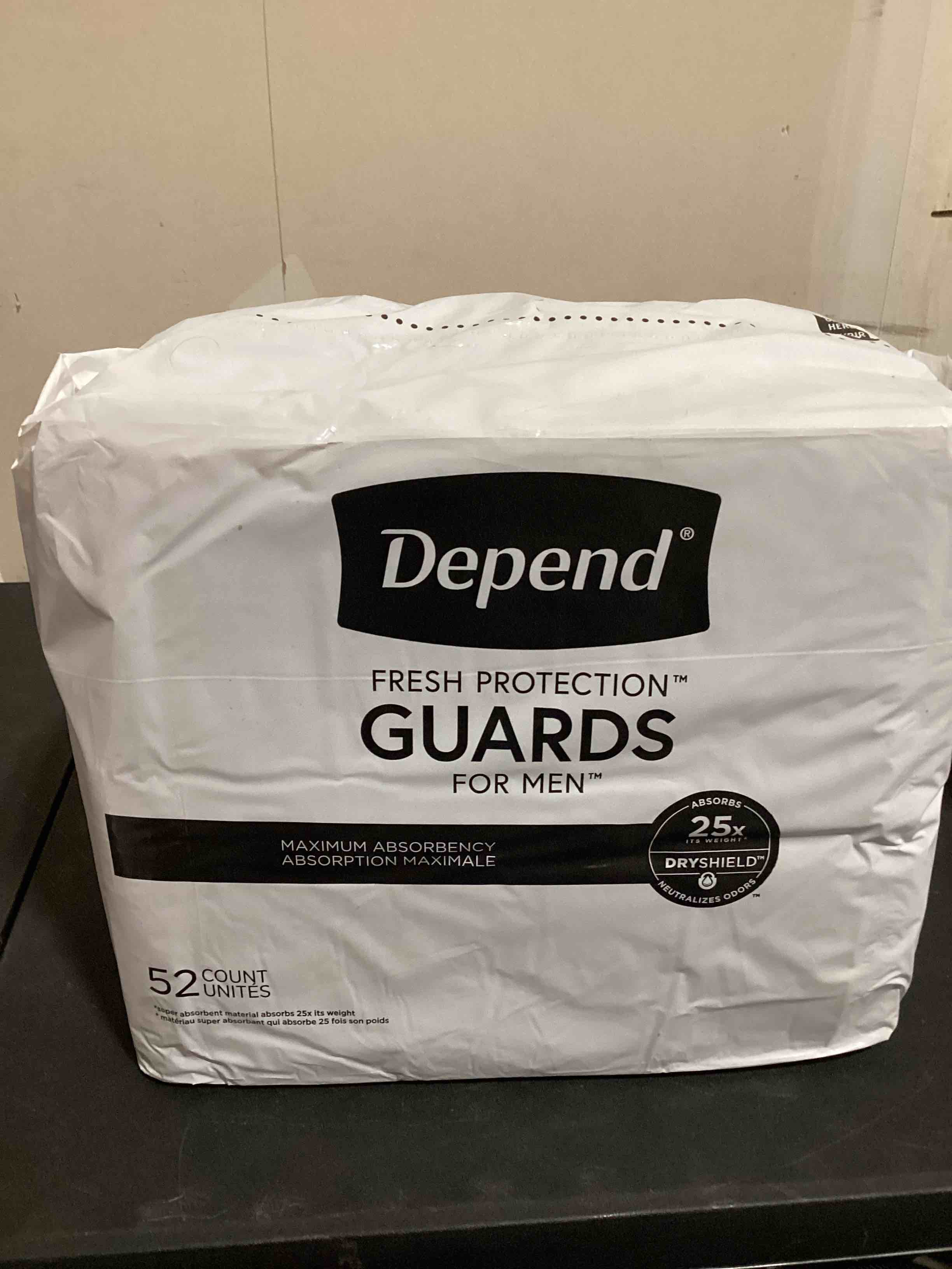 Condition photo showing New/Like New for depend fresh protection guards for men absorbs 25x its weight- 52 count 