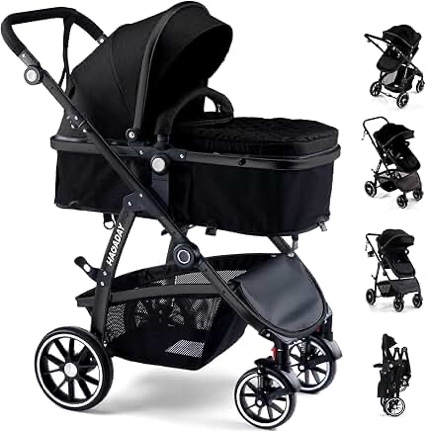baby stroller, 2-in-1 reversible toddler seat with lie-flat mode, foldable infant stroller with canopy, one button brake, adjustable handle, newborn pushchair (black b) model: hldh9