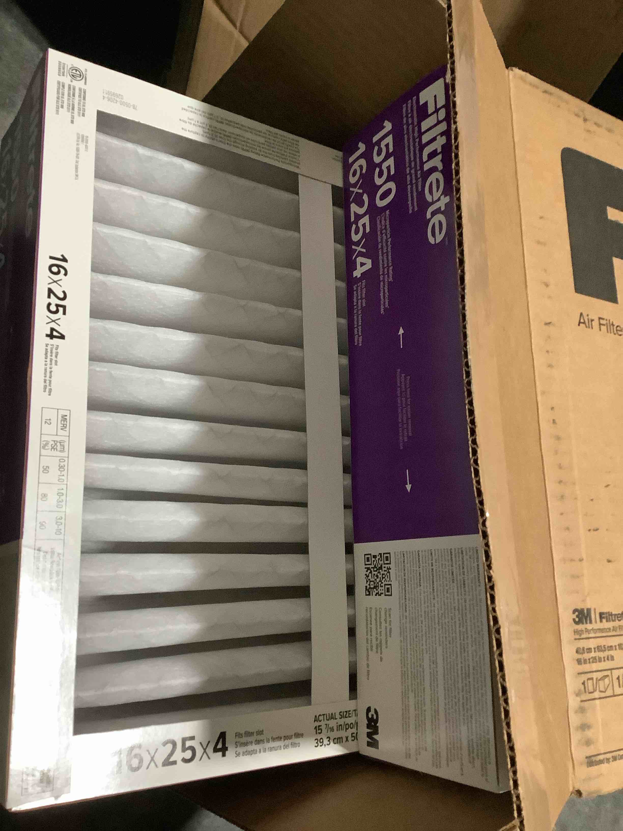Condition photo showing New/Like New for filtrete 16x25x4 air filter merv 12, mpr 1550 certified asthma & allergy friendly 2-pack, fits lennox & honeywell, ac furnace hvac filters, pleated electrostatic (actual size 15.88x24.56x4.31 in)