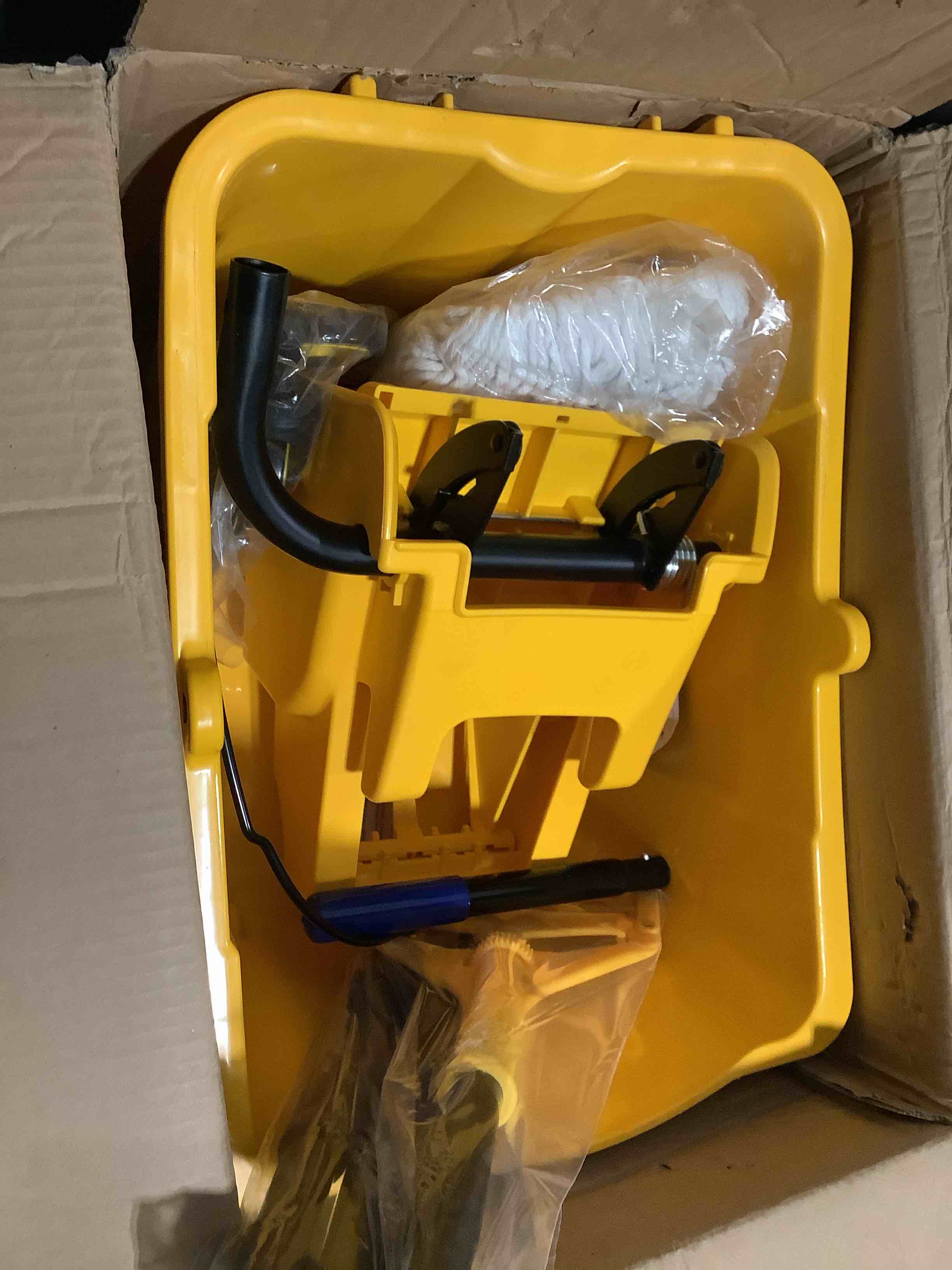 Condition photo showing New/Like New for 332l side press wringer combo commercial mop bucket on wheels set,yellow,include 1 heavy duty industrial mop for floor cleaning and wet floor caution sign