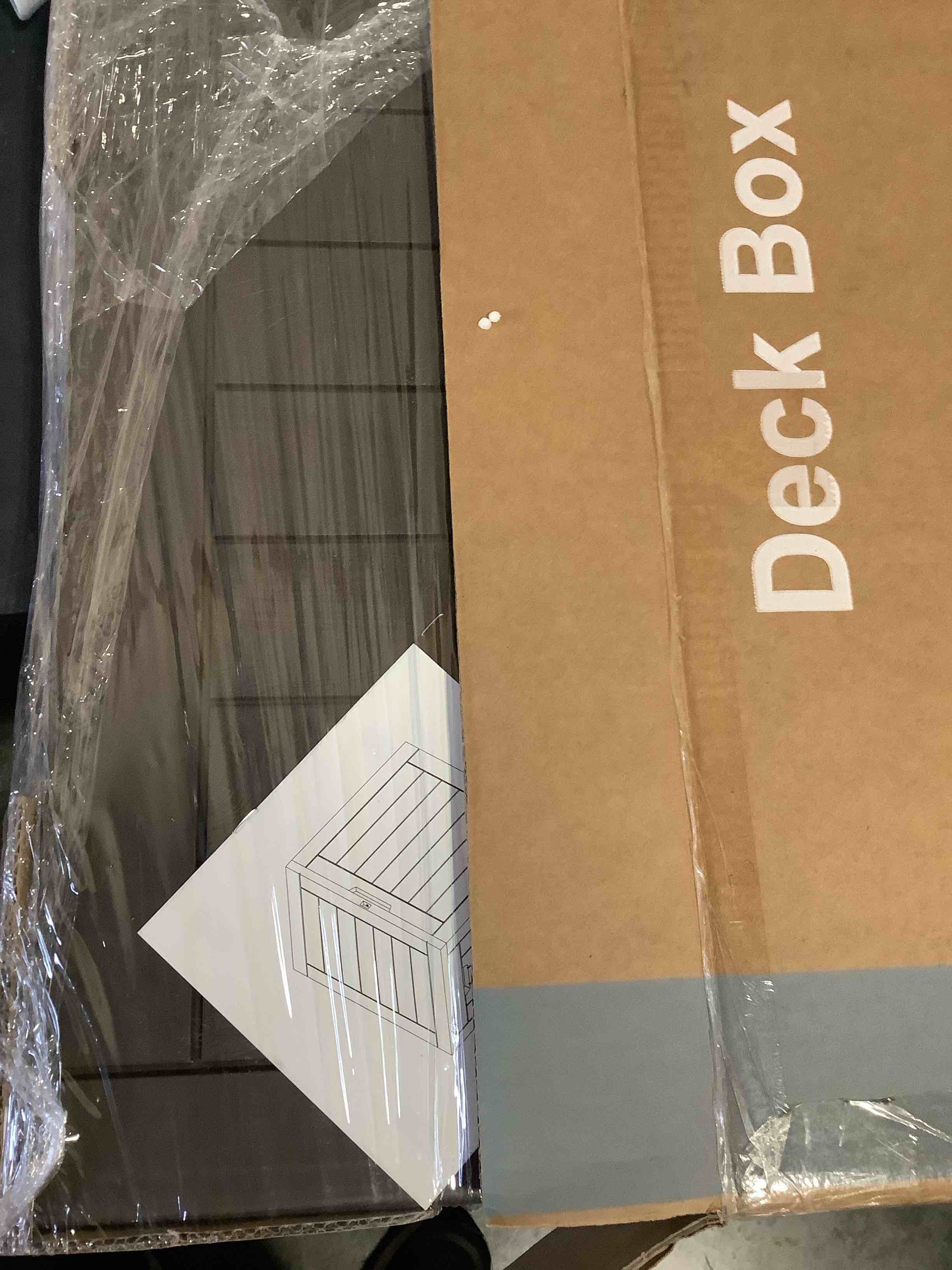 Condition photo showing New/Like New for sweetcrispy deck box with 31 gallon capacity, weatherproof resin lockable outdoor storage for secure package deliveries and indoor storage in garden or patio, backyard brown