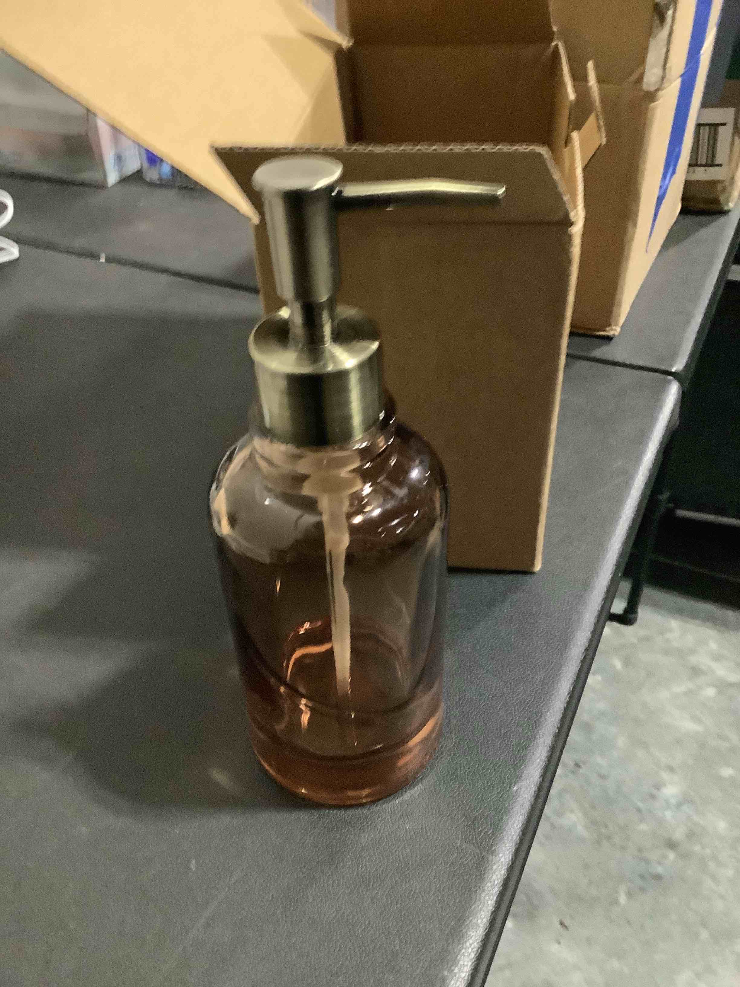 Condition photo showing Good Condition for glass liquid soap dispenser bathroom, 11oz kitchen reusable soap dispenser with rust-proof plastic pump, modern refillable liquid soap (brown) brown 1pcs