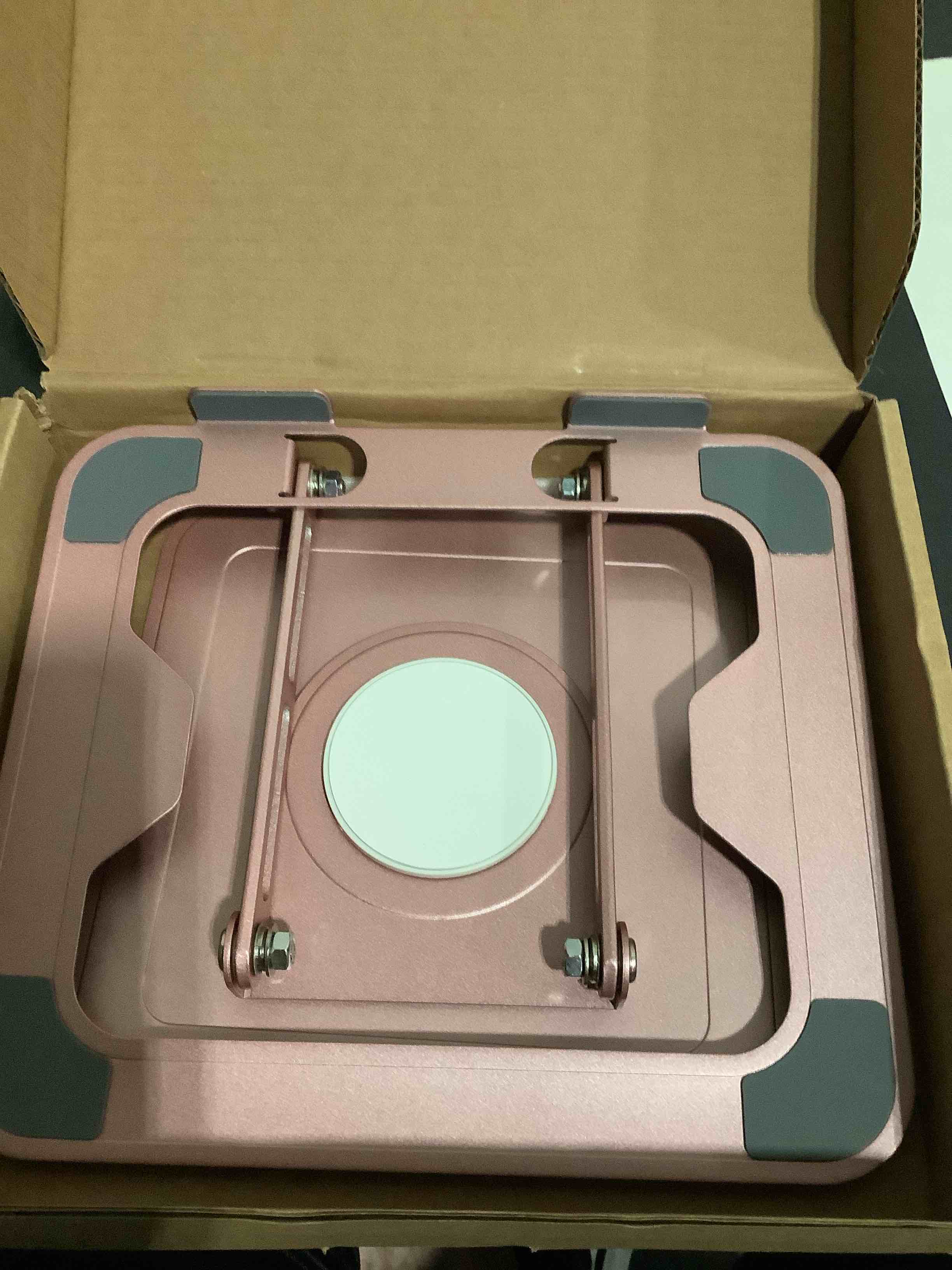Condition photo showing New/Like New for adjustable laptop stand, computer stand with 360 rotating base, ergonomic laptop riser mount for desk foldable protable computer desk fits with macbook pro air (10-16") - pink dreamy pink