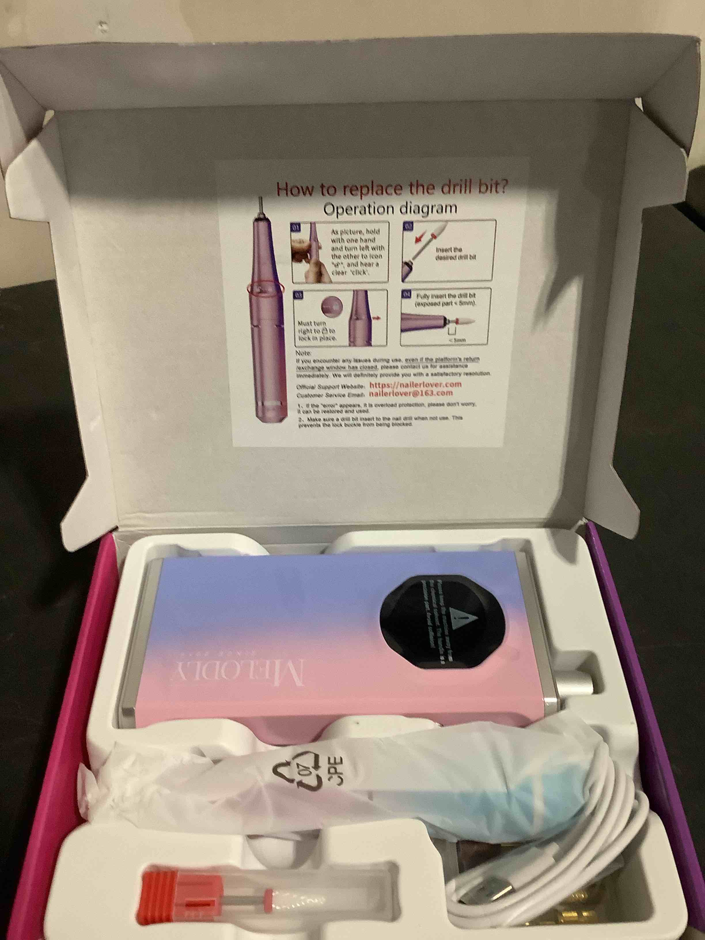 Condition photo showing New/Like New for electric nail drill file professional 40000 rpm, melodly rechargeable electric nail file machine kit for acrylic gel nails polishing removing, portable cordless efile with gold bits at salon home pink-blue