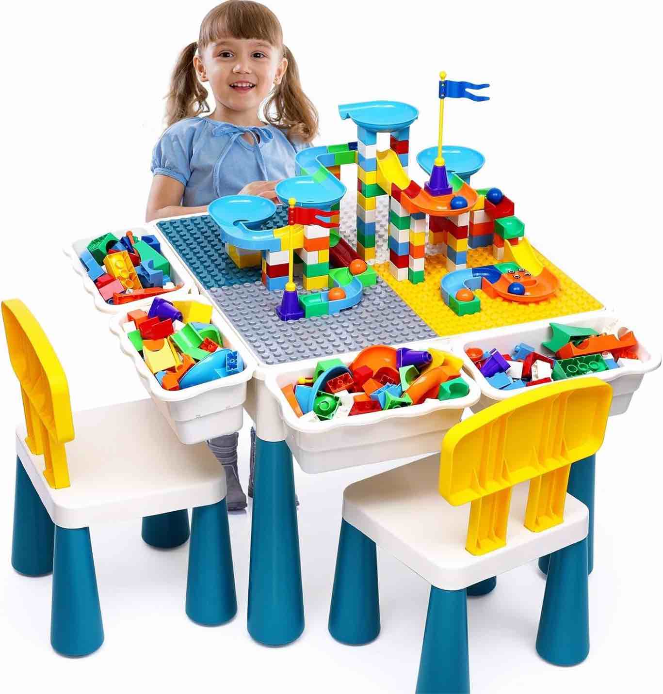 Kids Activity Table Toddlers Kids Table and Chair Set with 152Pcs Large Marble Run Building Blocks All in One Kid Play Water Tables Sand Tables, STEM Toys for Boys Girls 3 4 5 6 Year Old