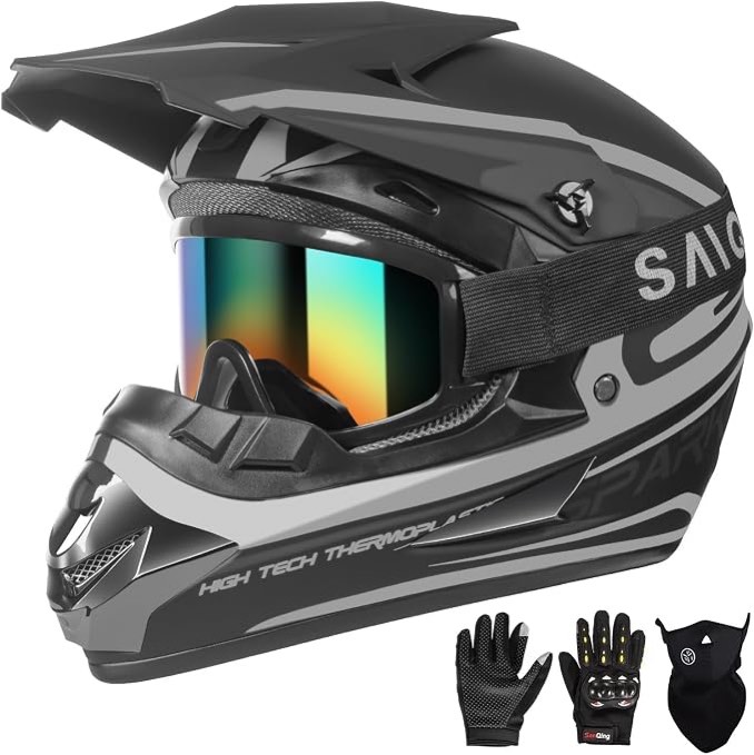 youth kids motocross helmet, adult atv dirt bike helmet with goggles gloves & mask quick, full face motorcycle helmet with quick release buckle dot certified gray x-large