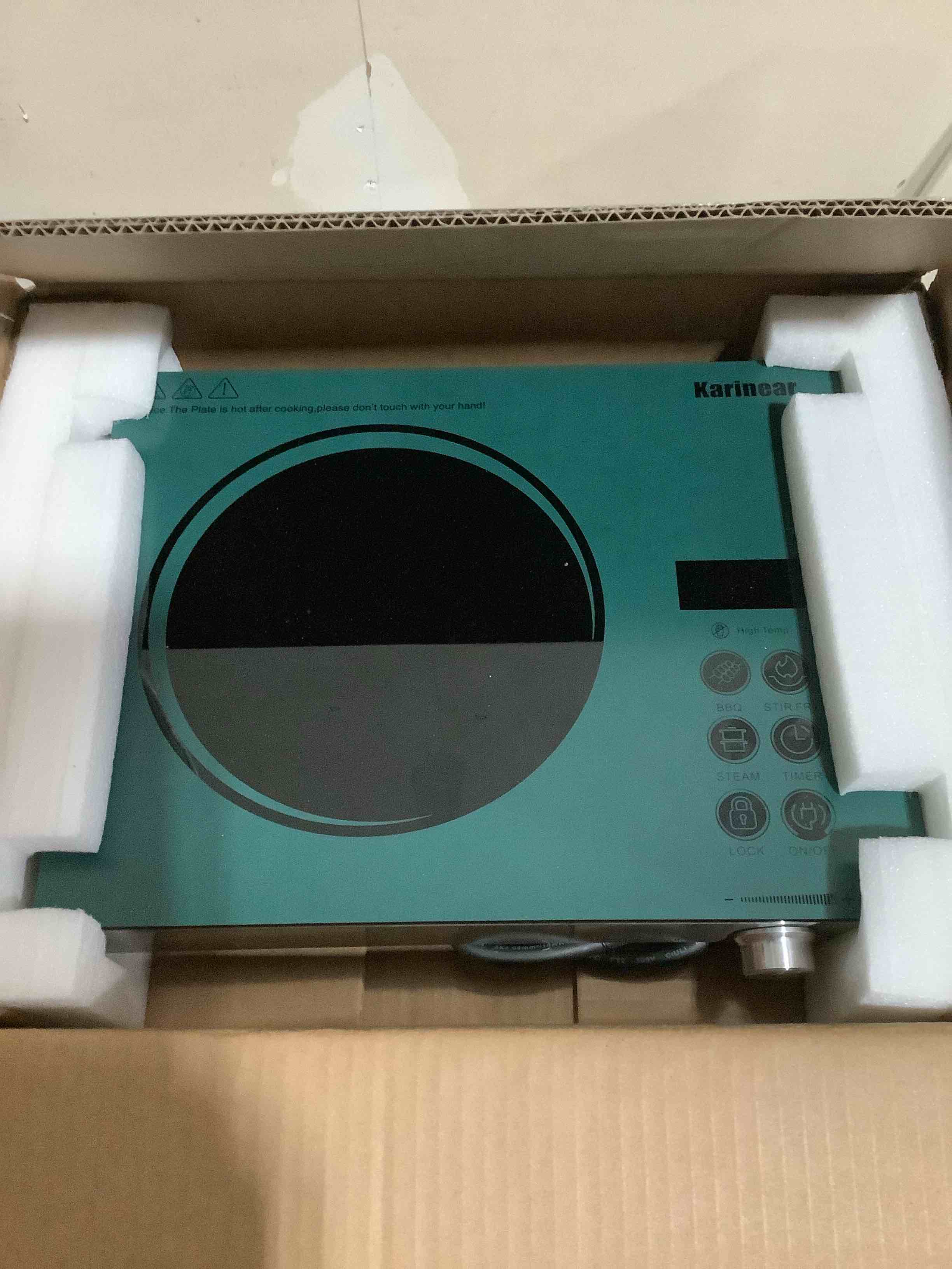 Condition photo showing Good Condition for karinear portable electric stove 110v, 1800w electric hot plate with handle, knob control single burner electri cooktop, ceramic infrared countertop burner, timer, safety lock(green) 14 inch green
