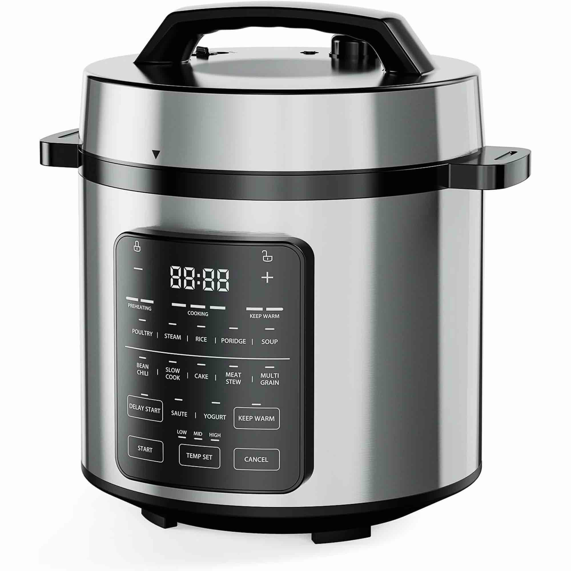 12-in-1 electric pressure cooker 6 qt stainless steel multi cooker electric for pressure, rice, steamer, yogurt maker, slow cook,meat stew, cake, porridge, multigrain, sliver