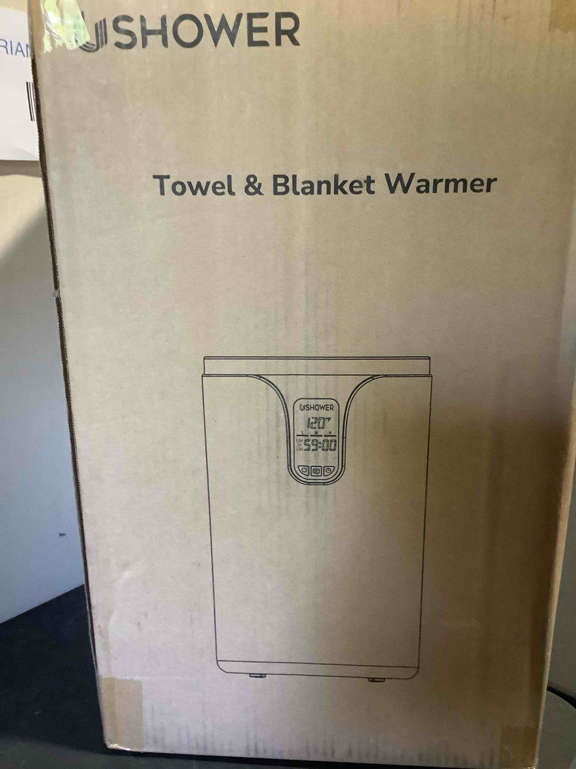 Condition photo showing New/Like New for  ushower towel warmers for bathroom, 20l large towel warmer bucket for spa, lcd screen display time, temperature, auto shut-off towel heater fits two 40"x70" oversized towels, blankets, bathrobes, pj’s