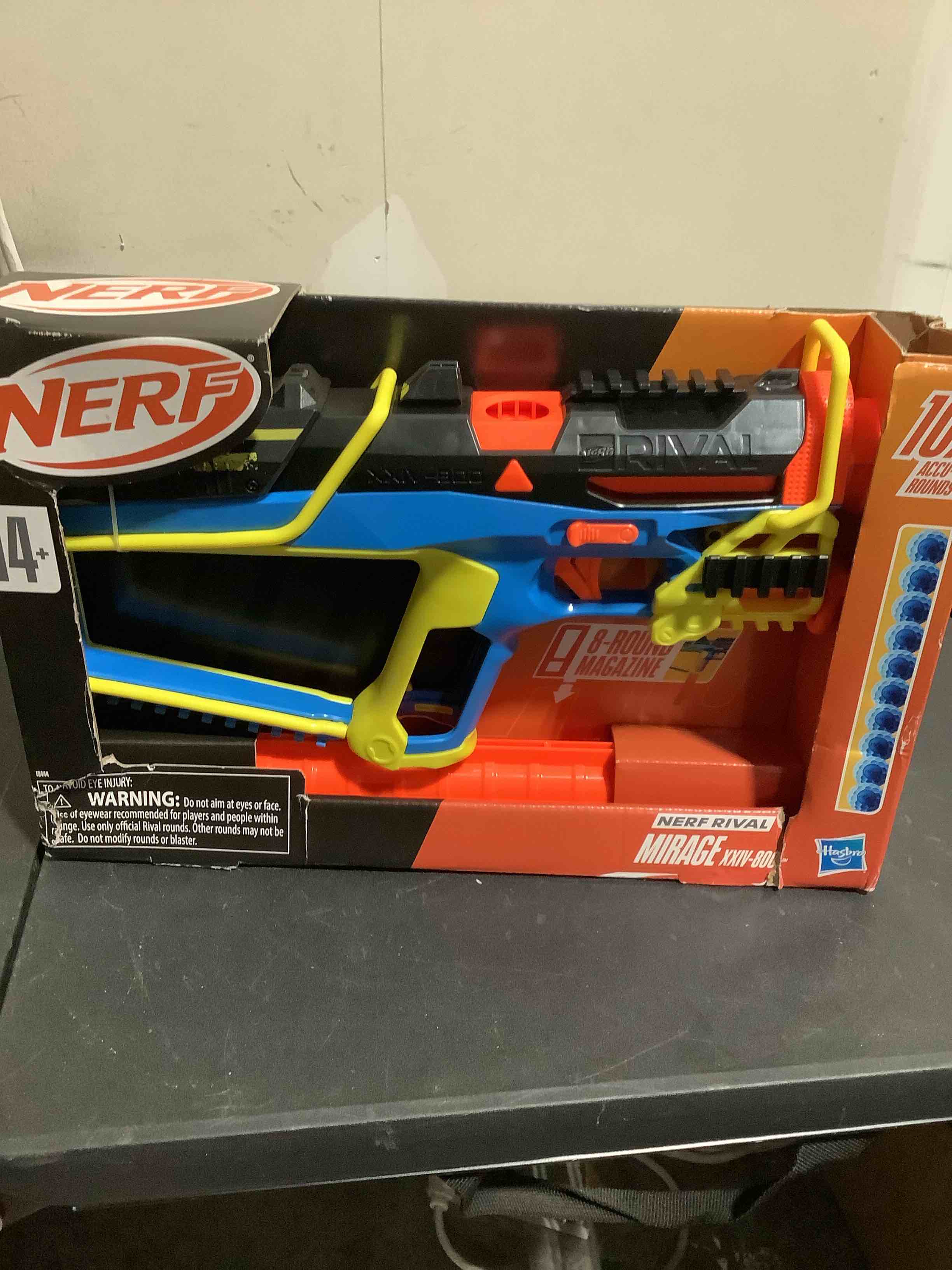 Condition photo showing New/Like New for nerf rival mirage xxiv-800 blaster, 10 nerf rival accu-rounds, 2 ways to load, 8 round removable magazine, pump action priming, gifts for teens youth large / 11-13