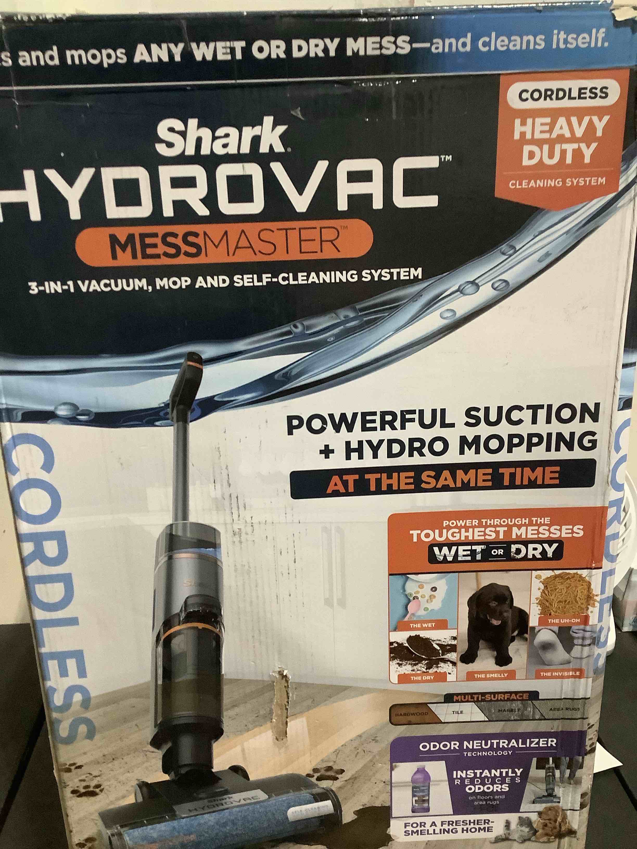 Condition photo showing As Is for shark hydrovac messmaster 3-in-1 vacuum cordless mop w/ self-cleaning stain boost 12oz formula wd260