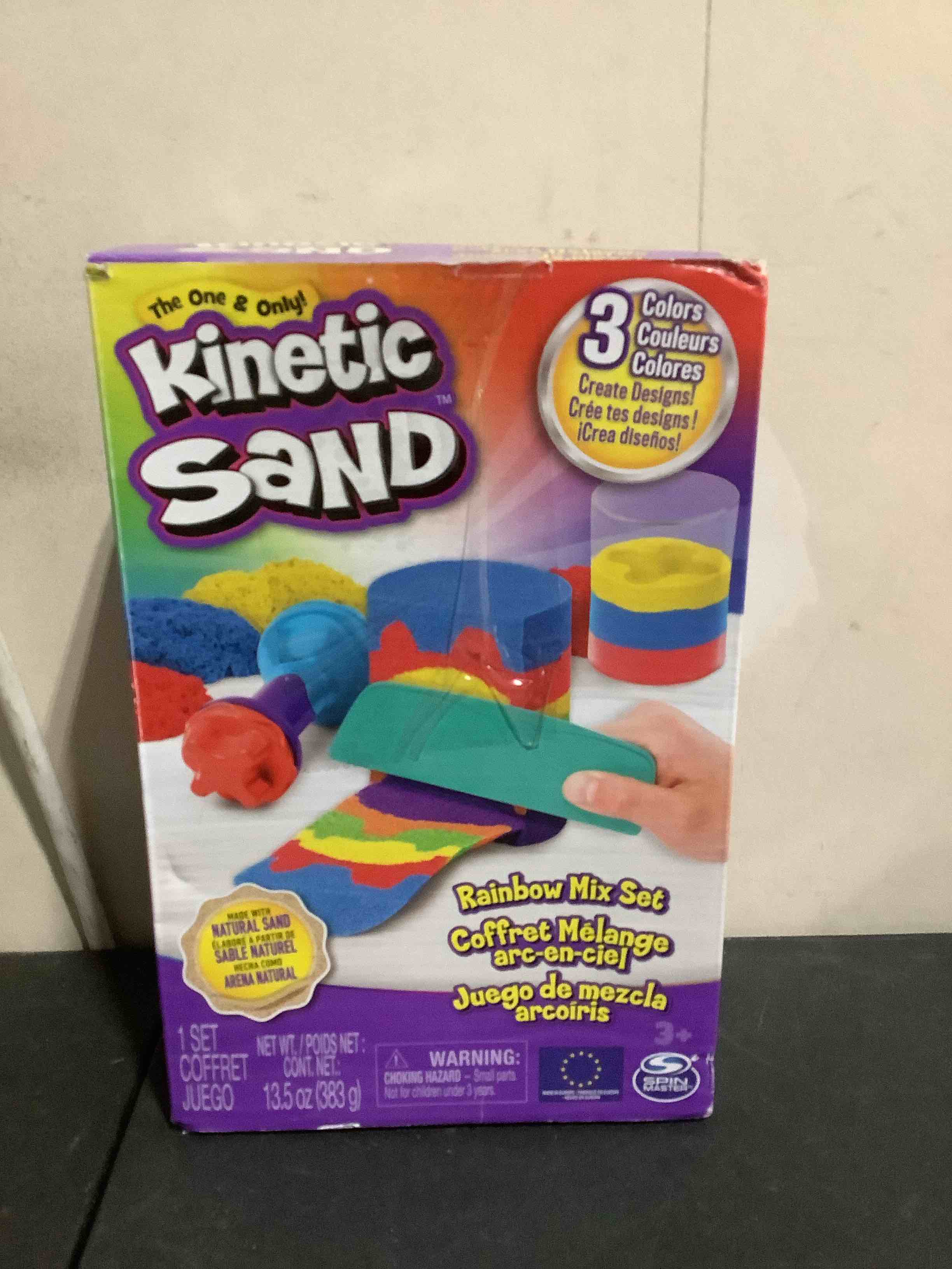 Condition photo showing New/Like New for kinetic sand, rainbow mix set with 3 colors of kinetic sand (13.5oz) and 6 tools, play sand sensory toys for kids ages 3 and up
