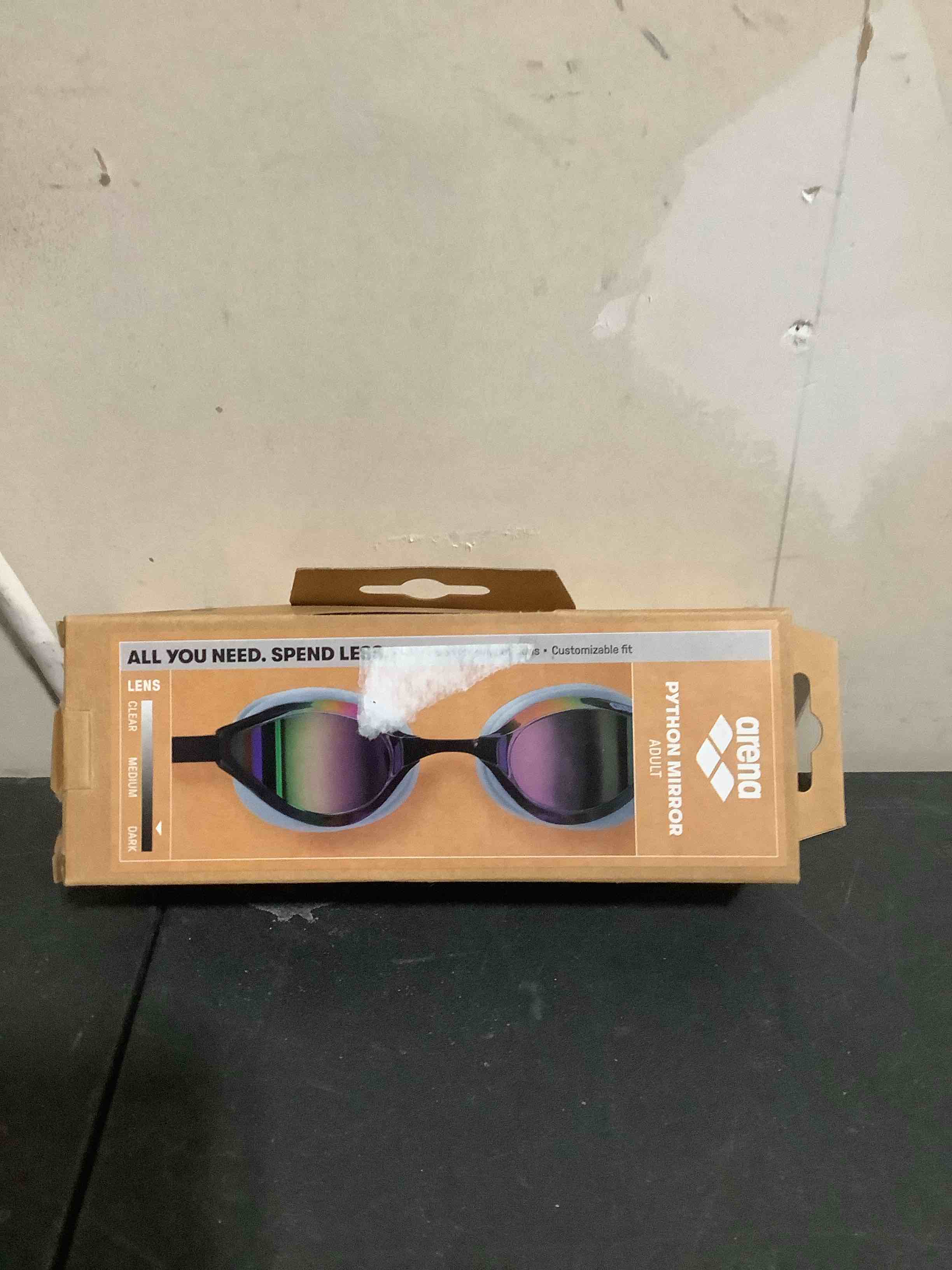 Condition photo showing Good Condition for arena unisex python racing swim goggles for men and women anti-fog no leak max comfort dual strap, mirror/non-mirror lens
