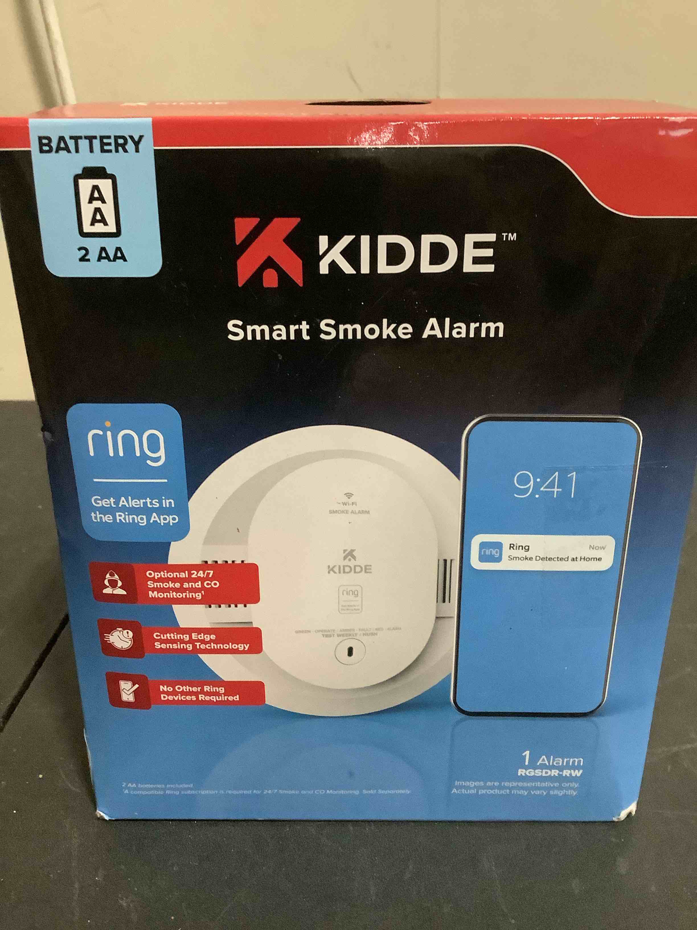 Condition photo showing New/Like New for battery powered ring app enabled smart smoke detector, voice alerts, wire-free interconnect alarm