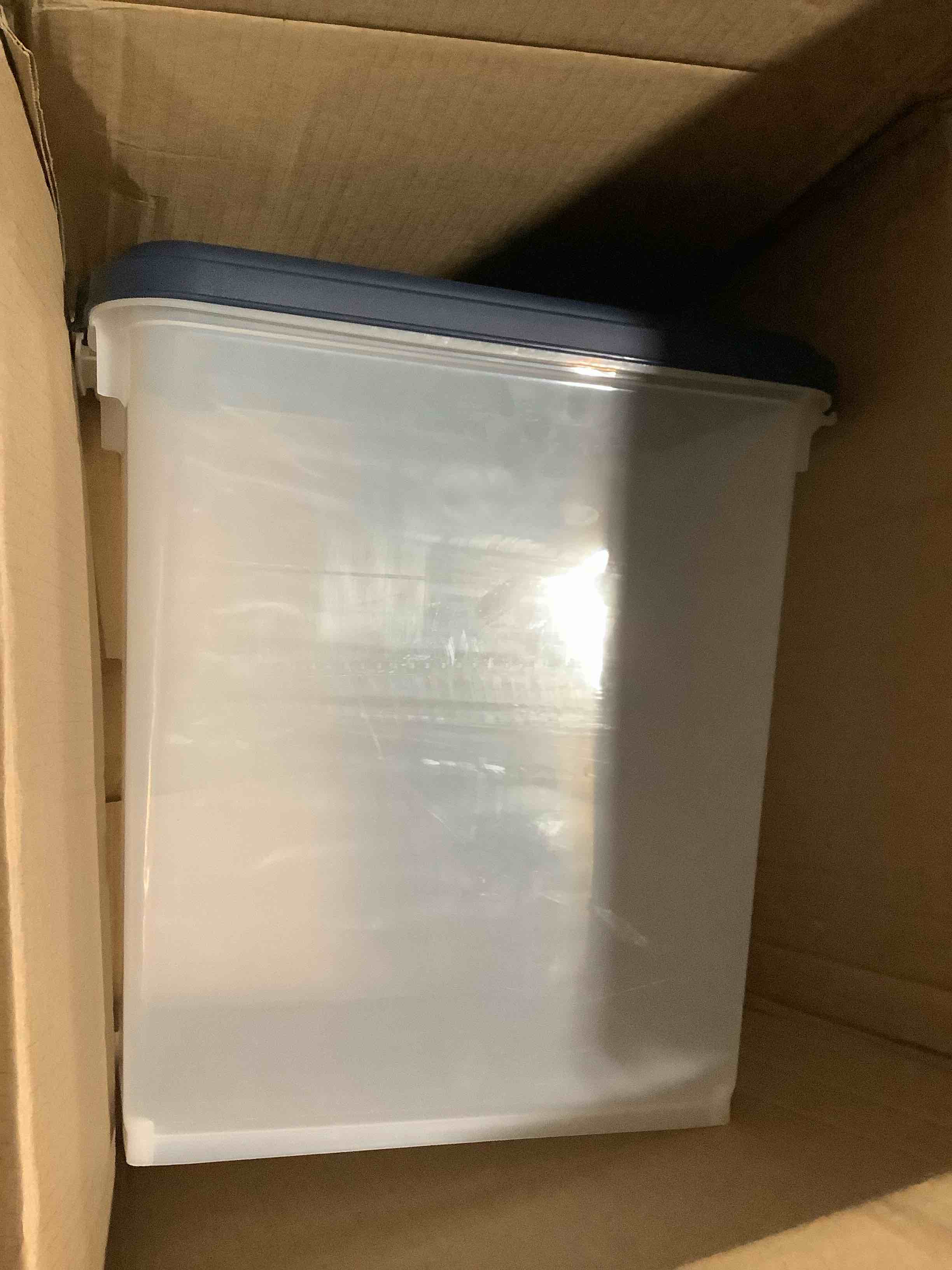 Condition photo showing As Is for iris usa airtight dog food storage container, up to 30 lbs, attachable wheels, for dog cat bird and other pet food storage bin, keep fresh, easy mobility, bpa free, navy