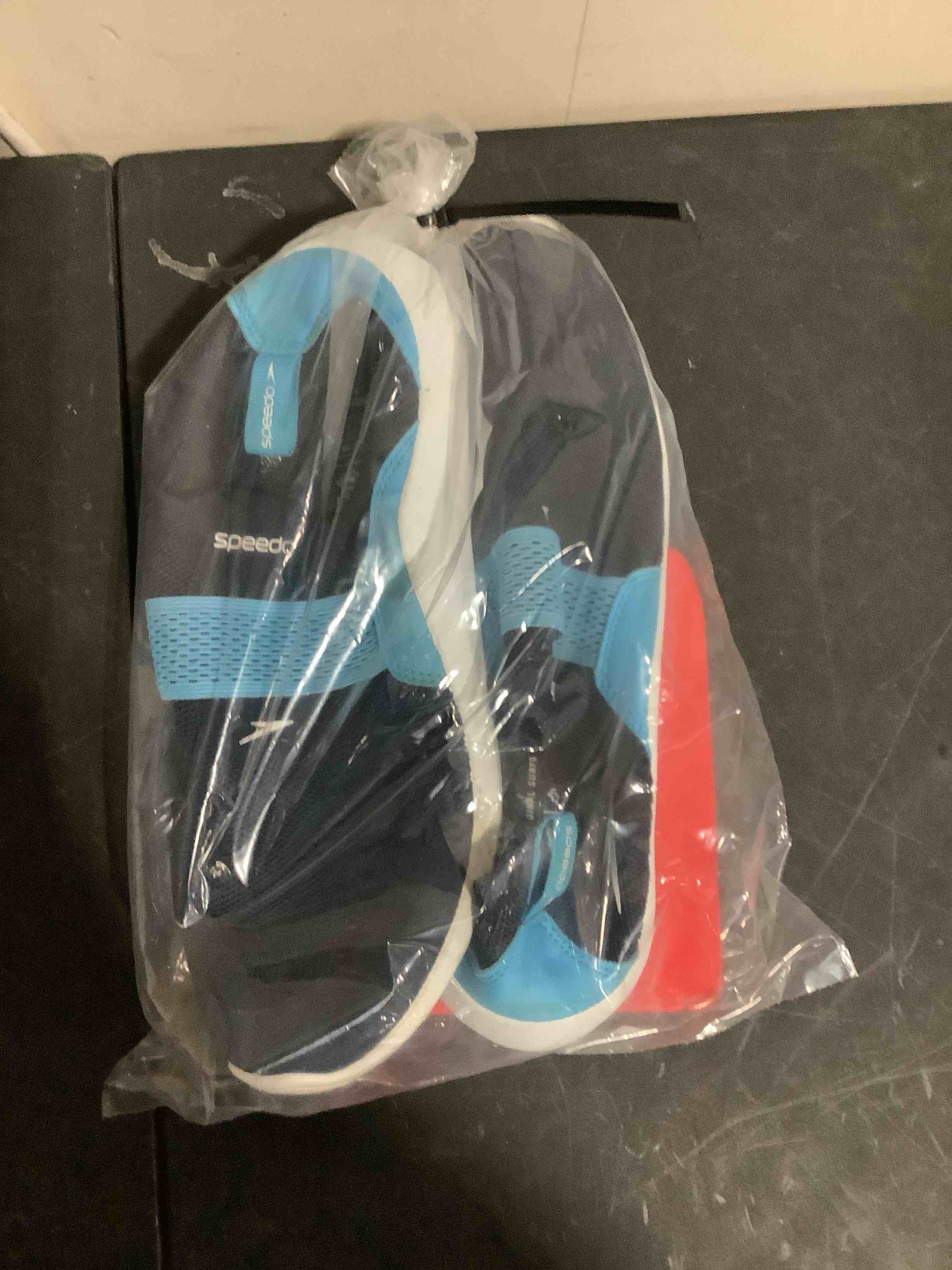 Condition photo showing New/Like New for speedo adult men's pull on water shoes - navy m: abstract pattern, closed round toe, breathable upper