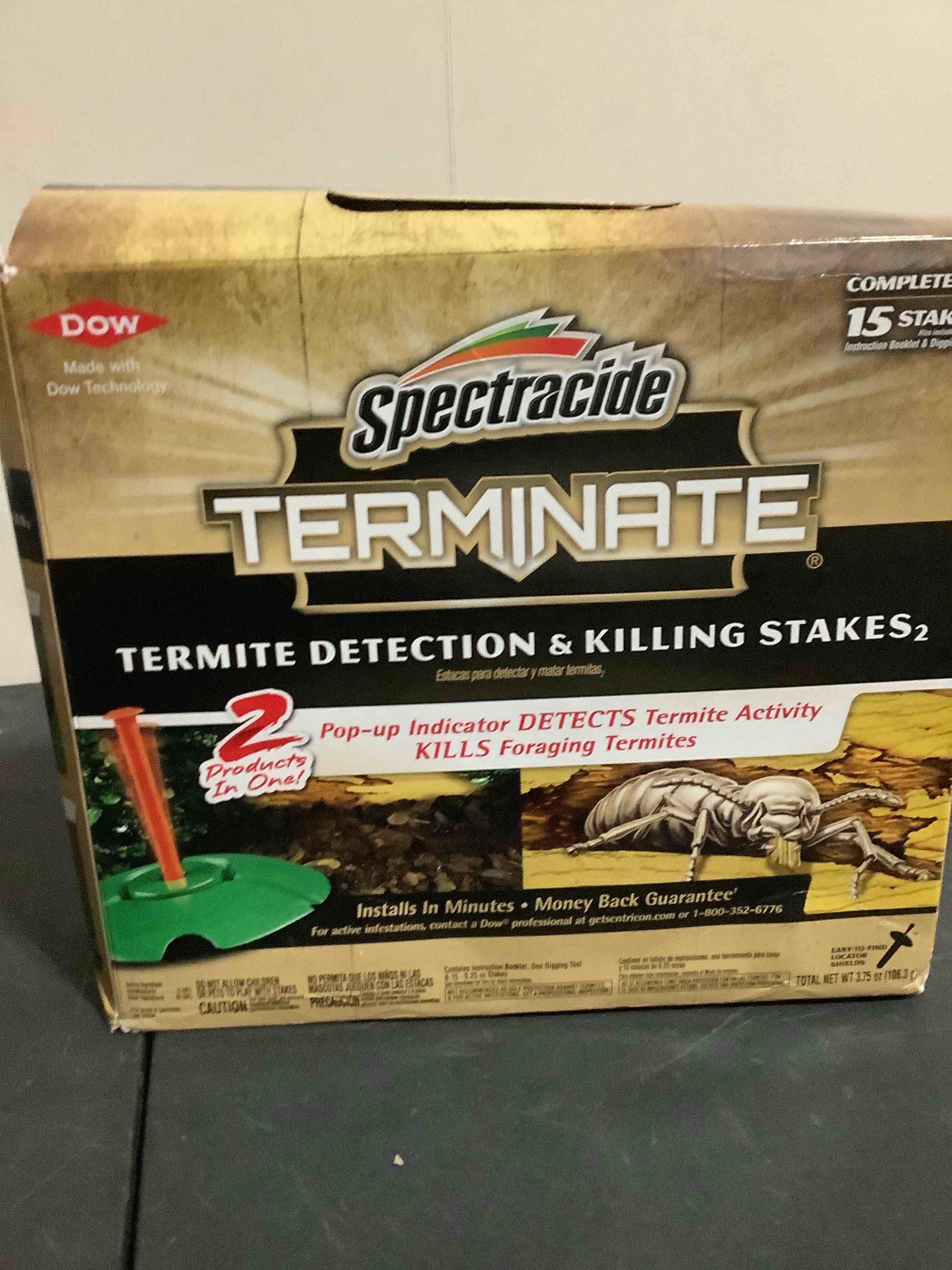 Condition photo showing New/Like New for spectracide terminate termite detection & killing stakes, kills foraging termites, detects termite activity, 15 count 1 pack detection stakes
