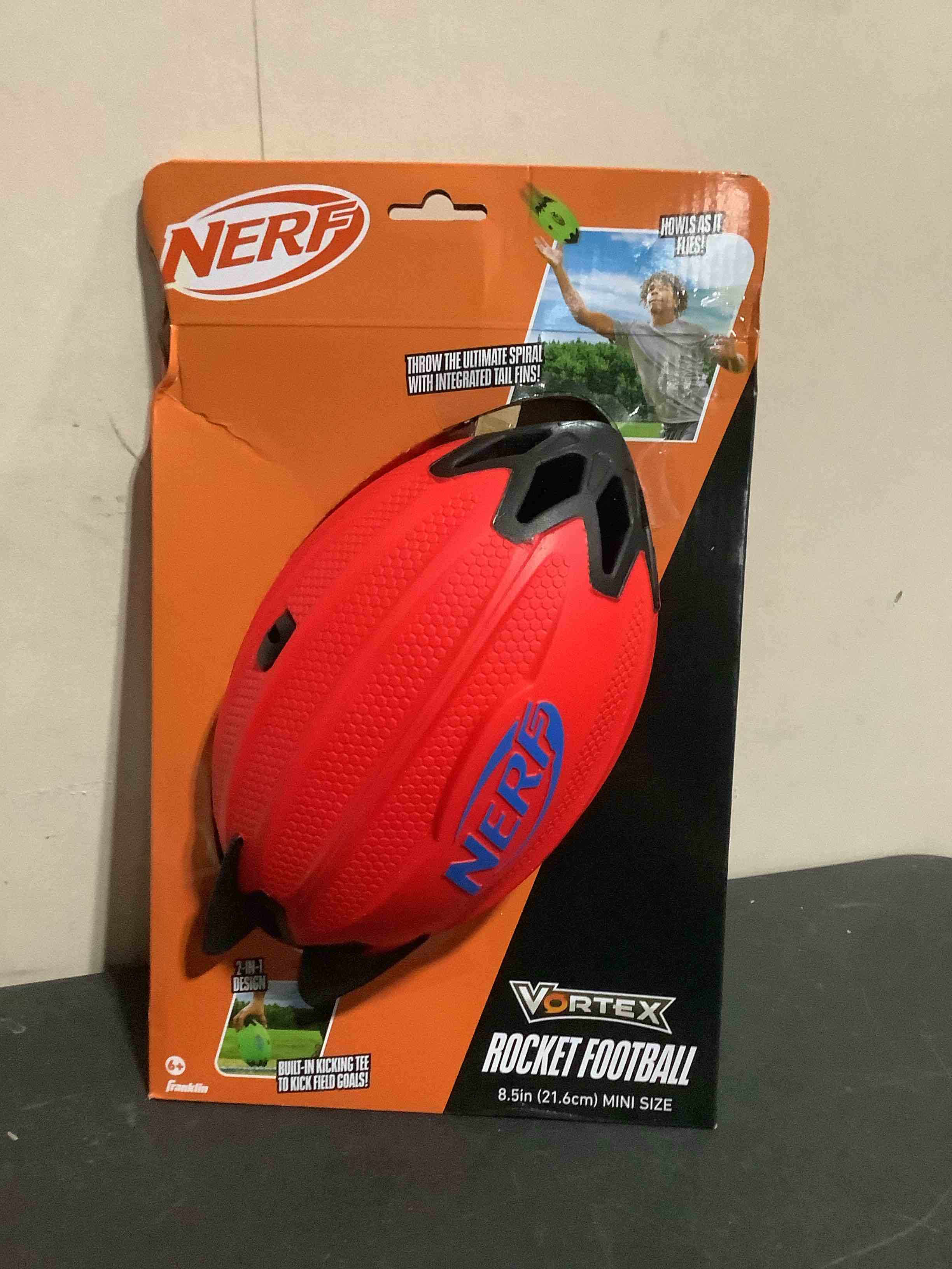 Condition photo showing New/Like New for franklin sports kids nerf vortex rocket foam football | hollow airflow design, built-in kicking tee, whistles in flight, molded easy-grip shape, punts + field goals