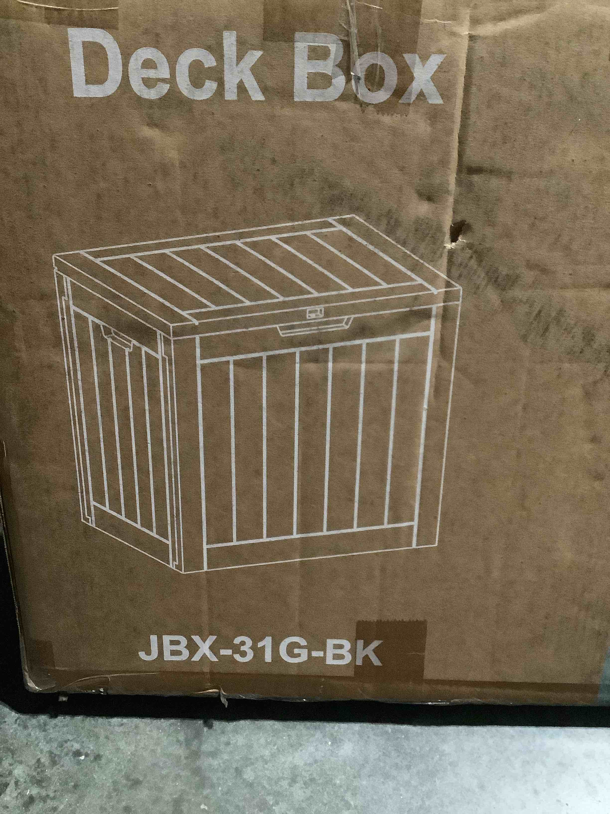 Condition photo showing New/Like New for dumos 31 gallon deck box, lockable outside storage box for outdoor use, outside waterproof resin package delivery box for backyard patio garden, striped black