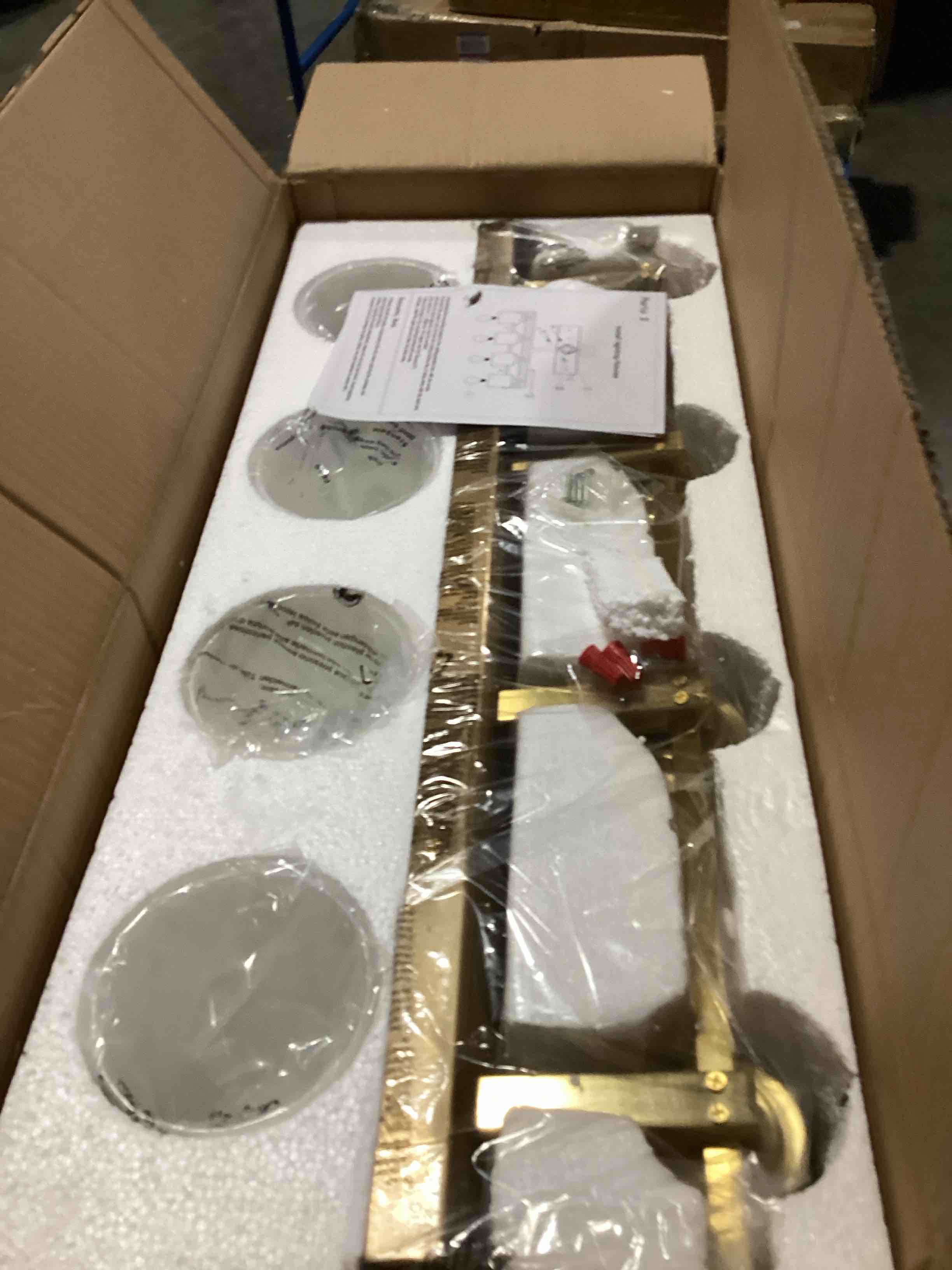 Condition photo showing New/Like New for 4 light modern bathroom light fixtures over mirror, brass finish vanity lights for bathroom wall sconces with milky white glass shades, e26 socket (bulbs not included) brass - milky white glass shades 4-lights