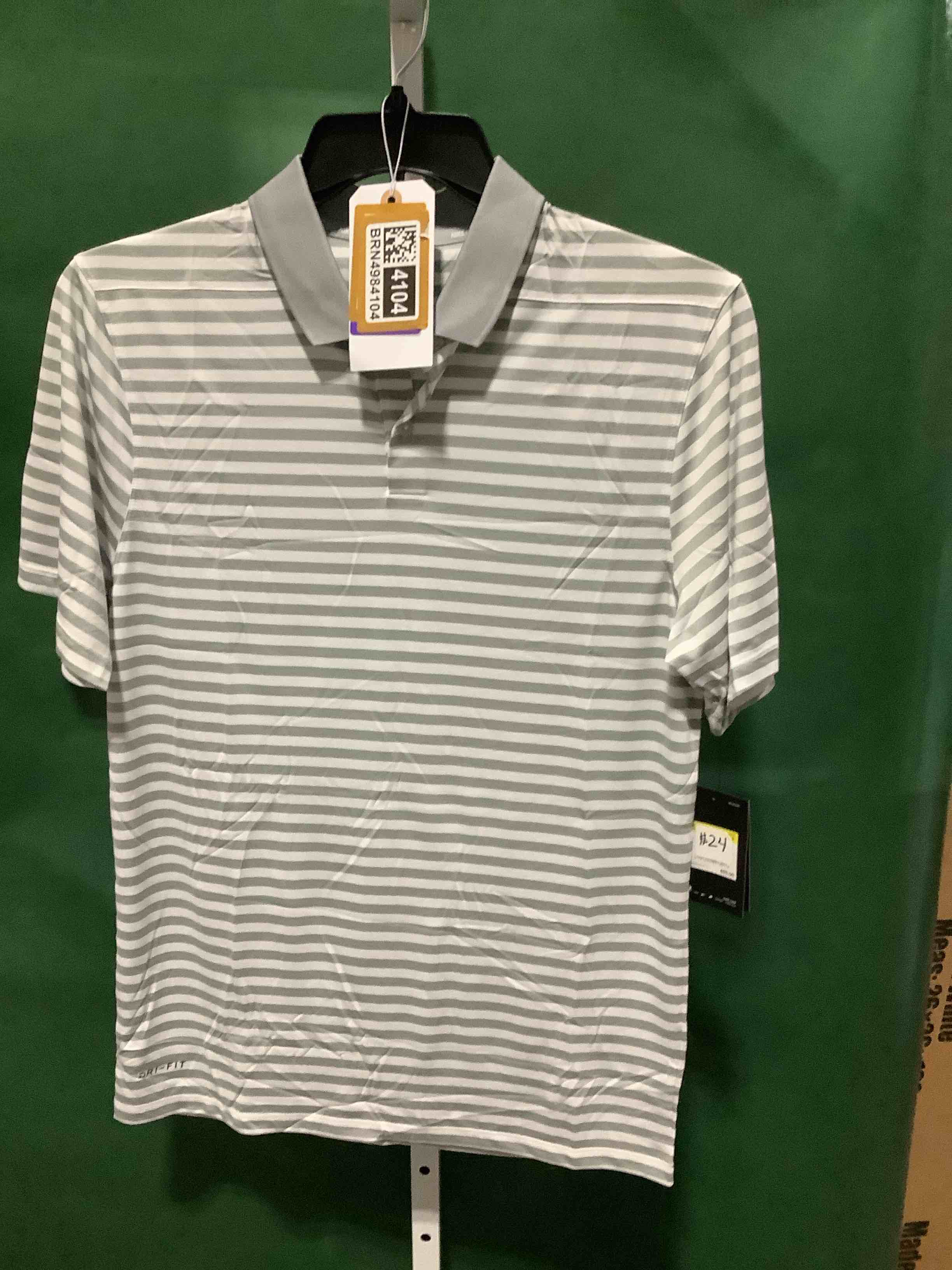 Condition photo showing New/Like New for color is gray and white nike mens men's nike dri-fit victory stripe polo