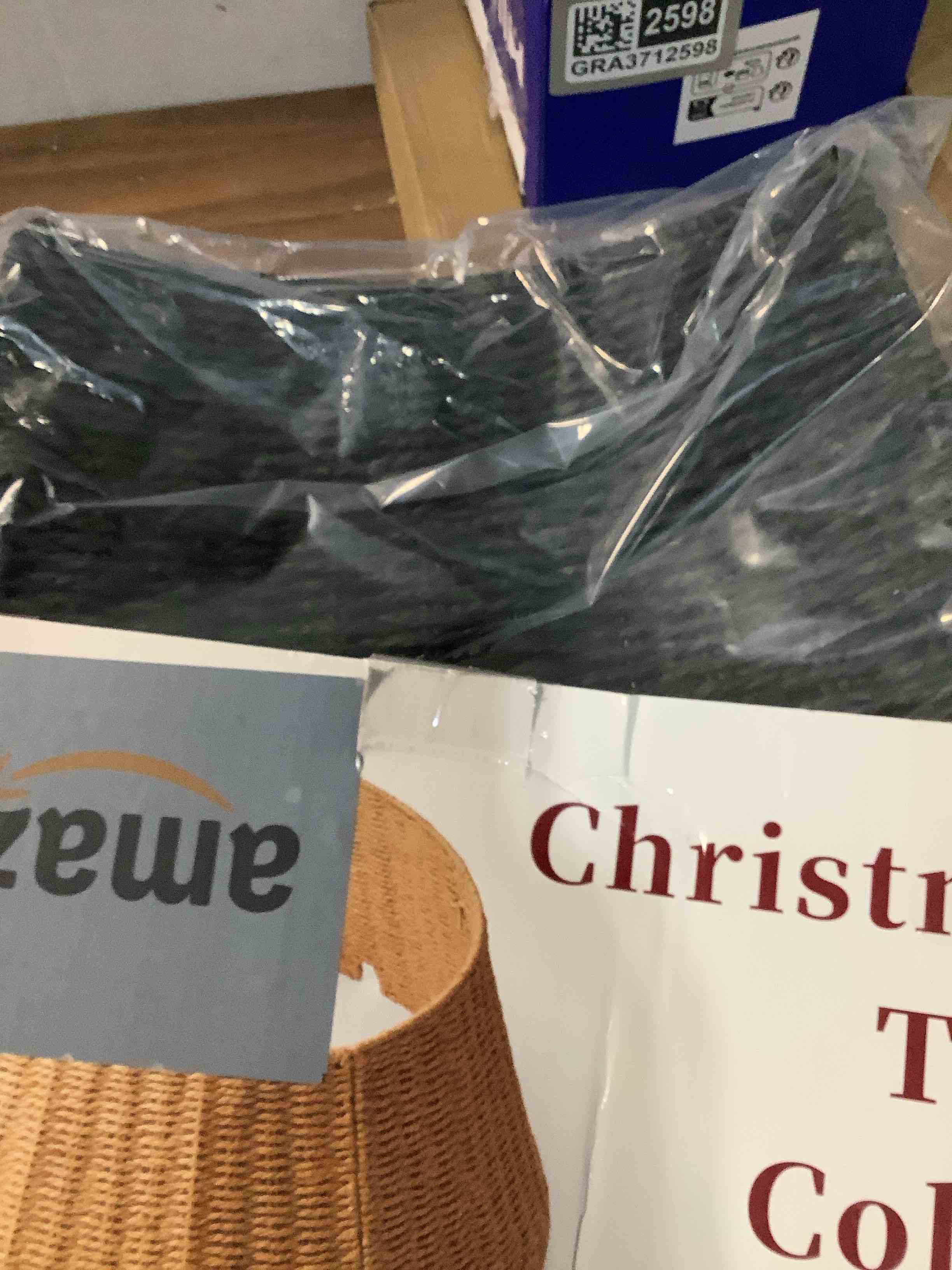 Condition photo showing Good Condition for 28in Christmas Tree Collar - Wicker Woven Tree Collars for Artificial Trees - Handmade Rattan Rustic Farmhouse Basket for Tree Base Cover with Cord Cut-Out for 6ft 7.5ft 8ft Trees (Black) 28" Black