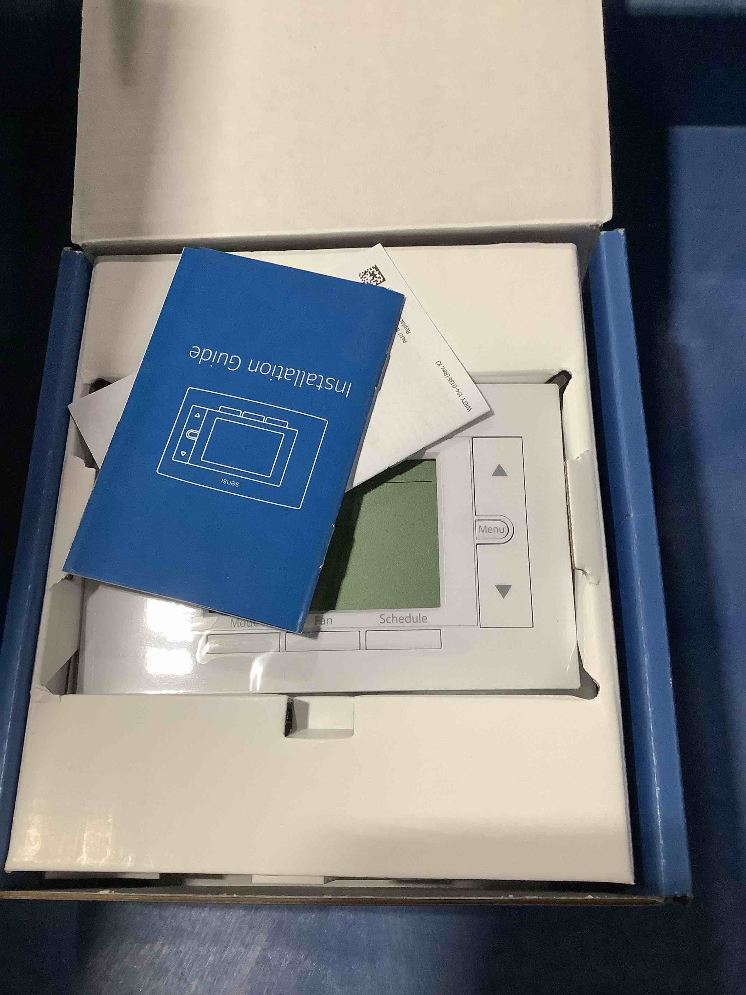 Condition photo showing New/Like New for sensi smart thermostat, 100 years of expertise, wi-fi, data privacy, programmable, easy diy install, works with alexa, energy star certified, mobile app, st55