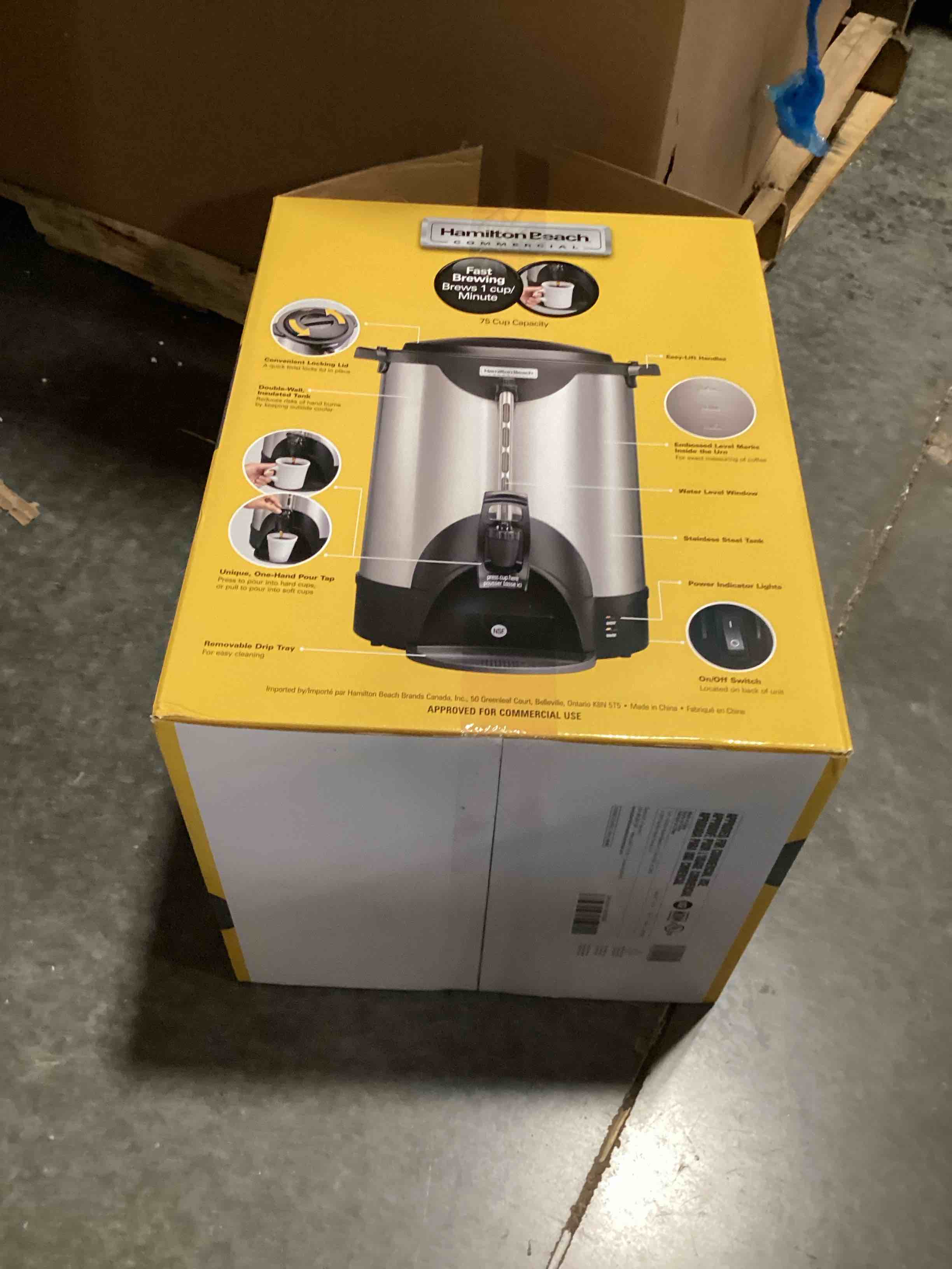 Condition photo showing New/Like New for hamilton beach commercial 75 cup stainless steel coffee urn, double wall insulated, 120v (hcu075s)